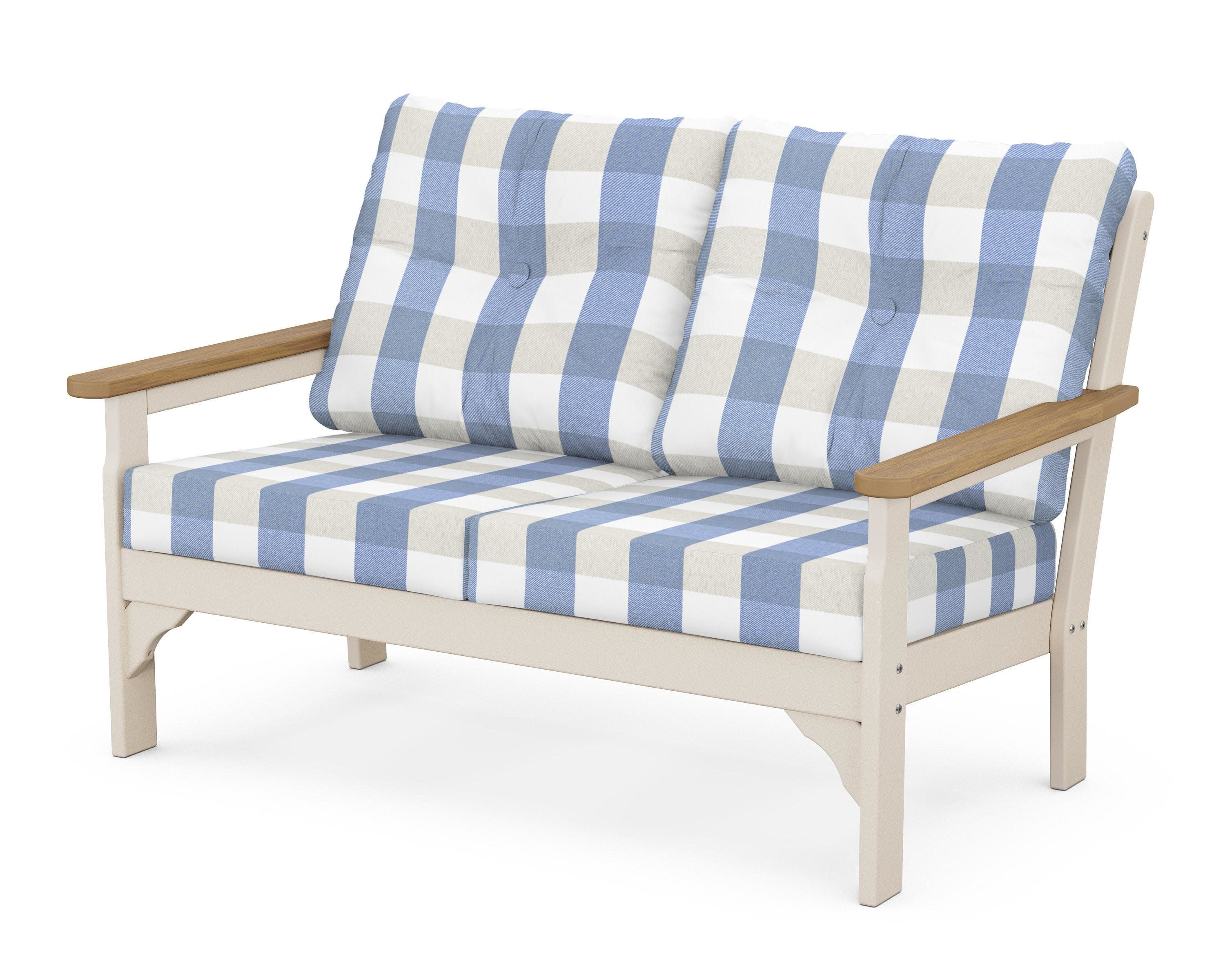 Vineyard Deep Seating Loveseat in Sand / Natural / Buffalo Plaid Sky Blue