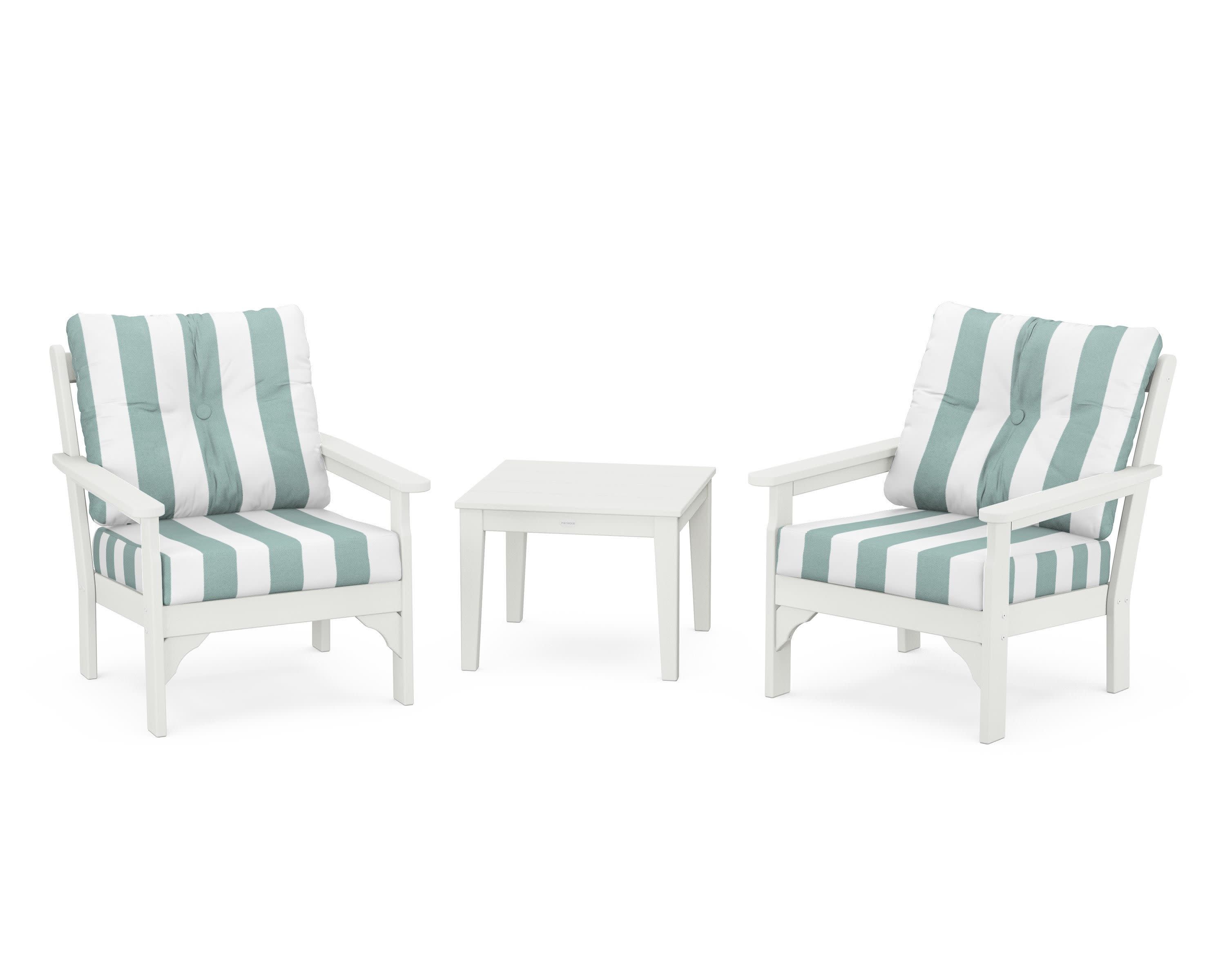Vineyard 3-Piece Deep Seating Set in Vintage White / Cabana Stripe Glacier Spa