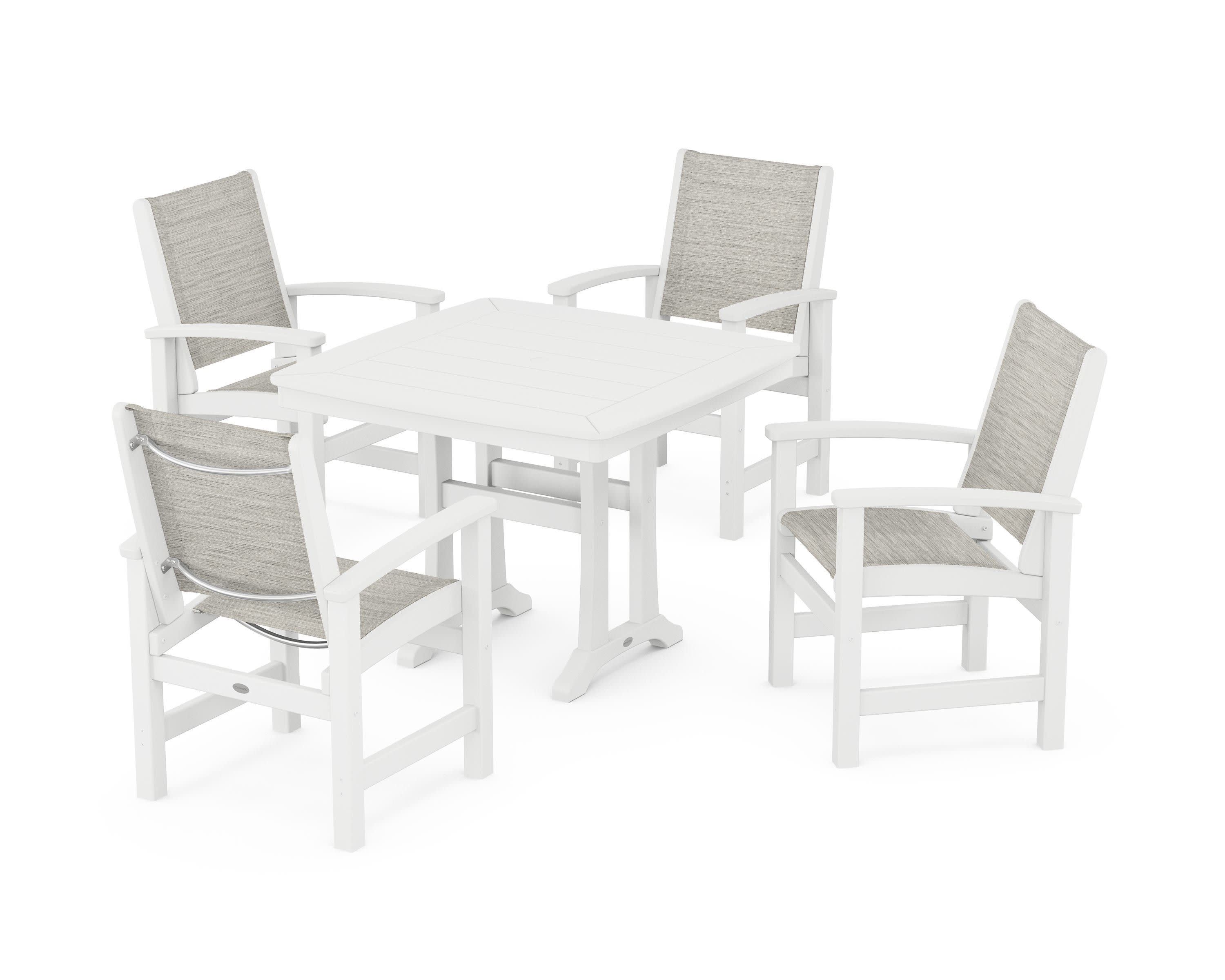 Coastal 5-Piece Dining Set with Trestle Legs in White / Birch Sling