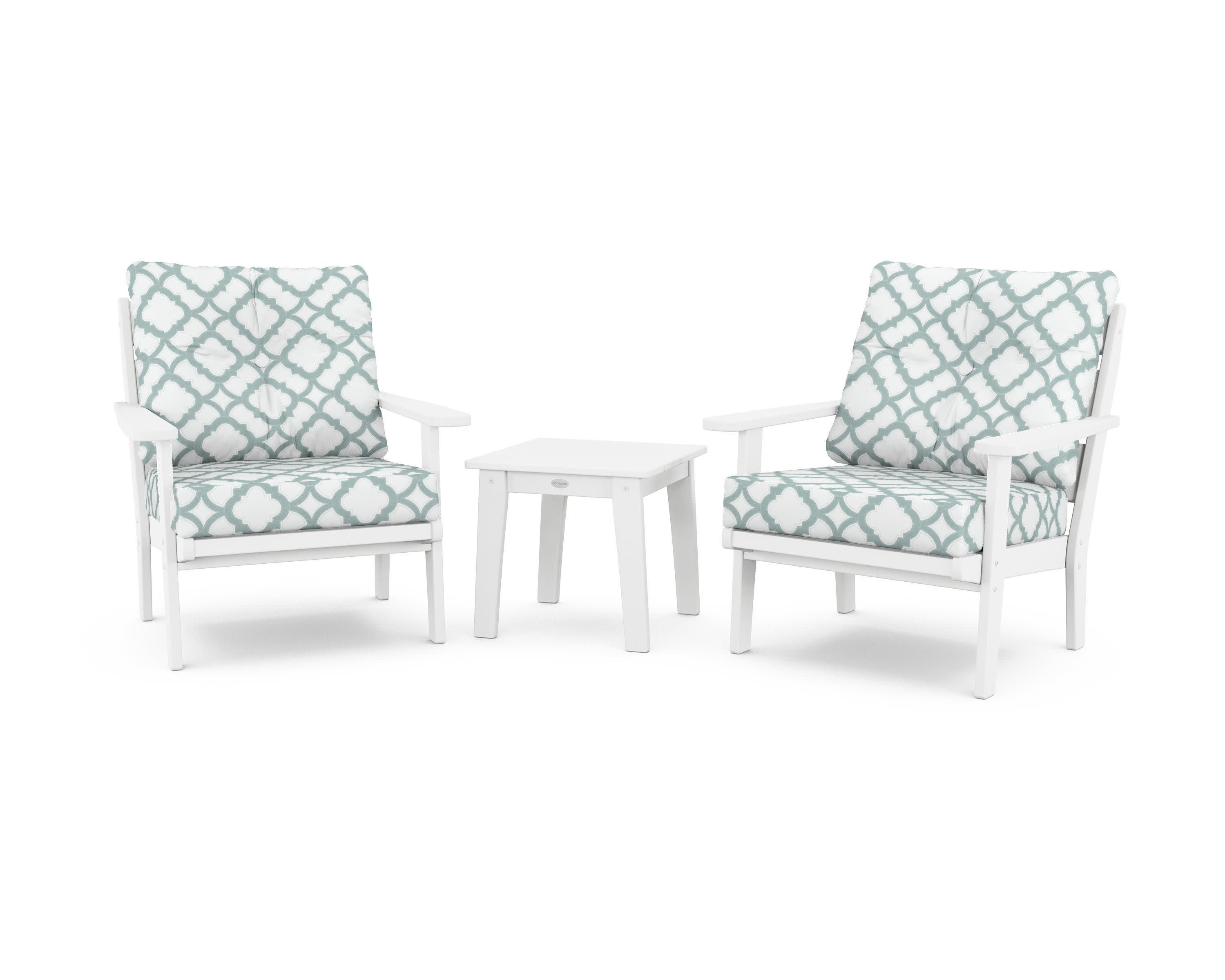 Lakeside 3-Piece Deep Seating Chair Set in White / Trellis Glacier Spa