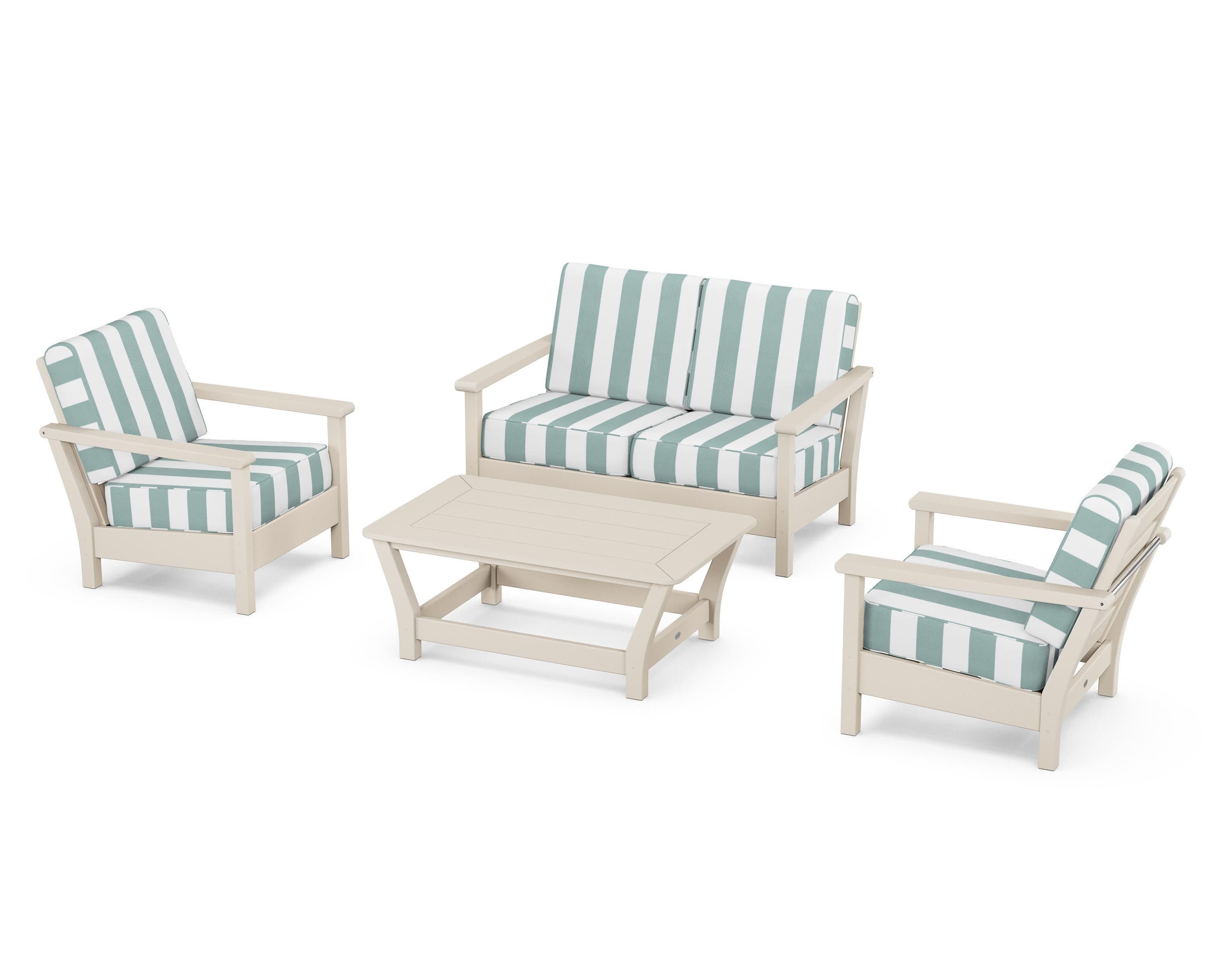 Harbour 4-Piece Deep Seating Set in Sand / Cabana Stripe Glacier Spa