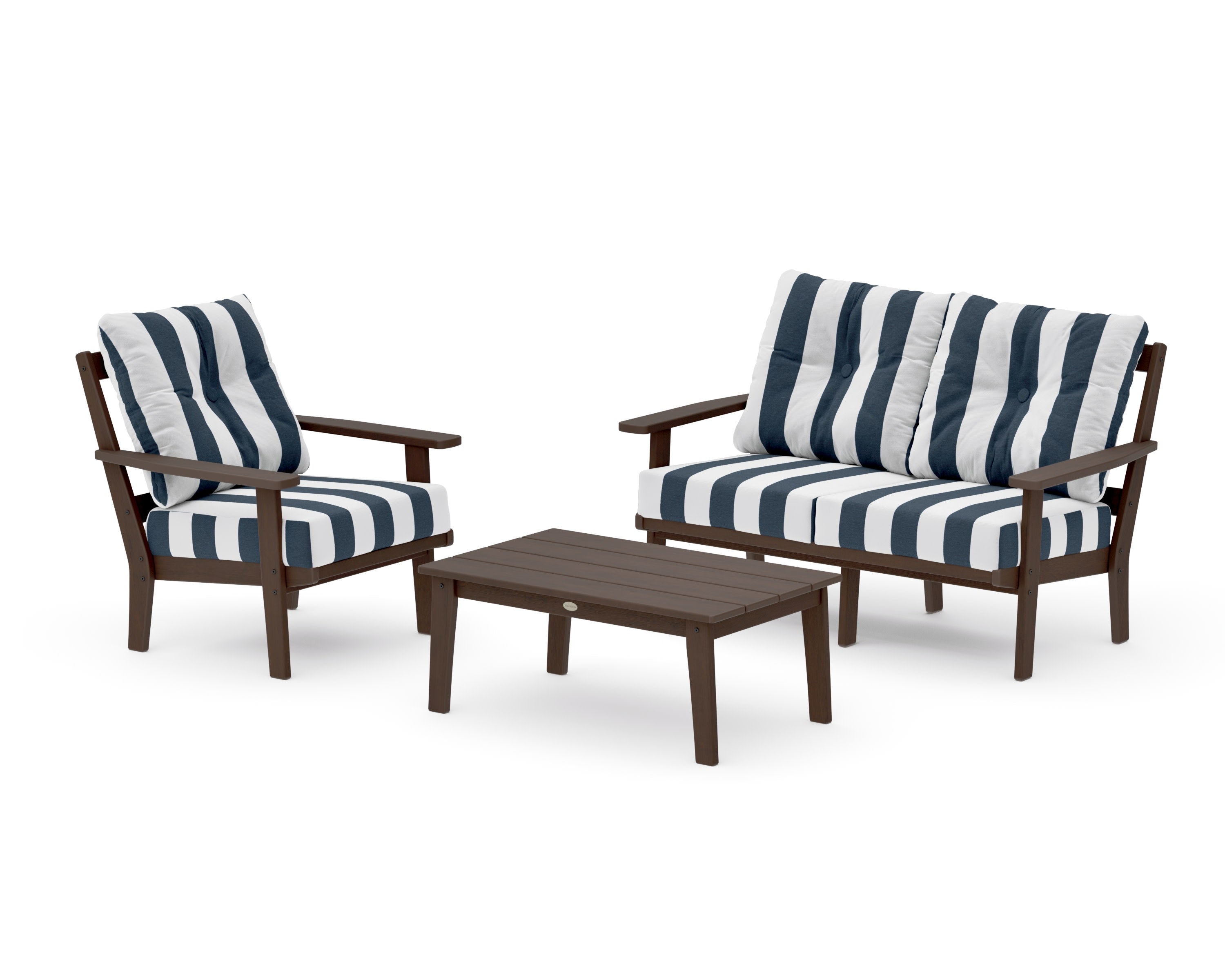 Oxford 3-Piece Deep Seating Set with Loveseat in Kona / Cabana Stripe Marine Indigo