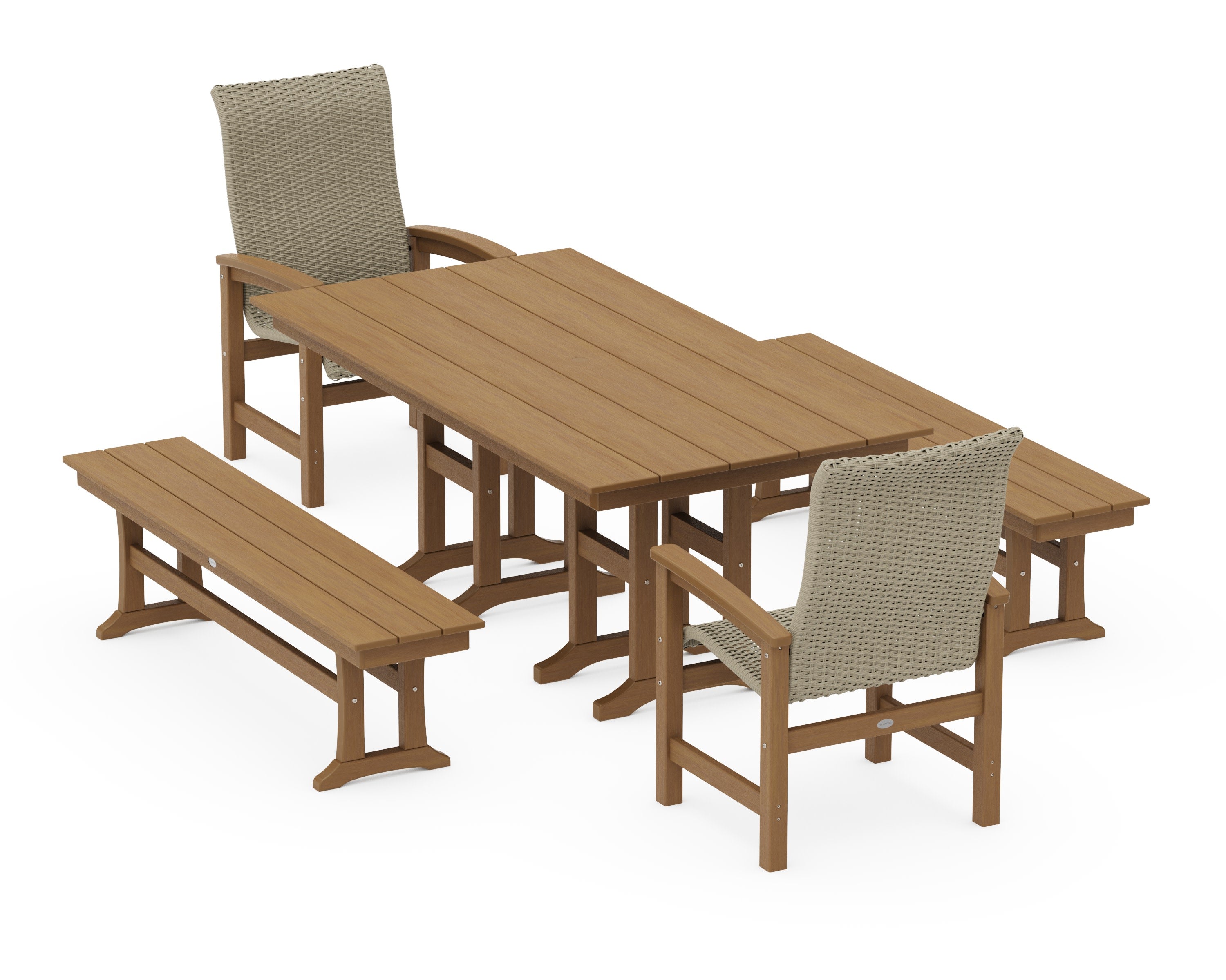 Coastal Woven High-Back 5-Piece Farmhouse Dining Set with Benches in Natural / Dune Grass