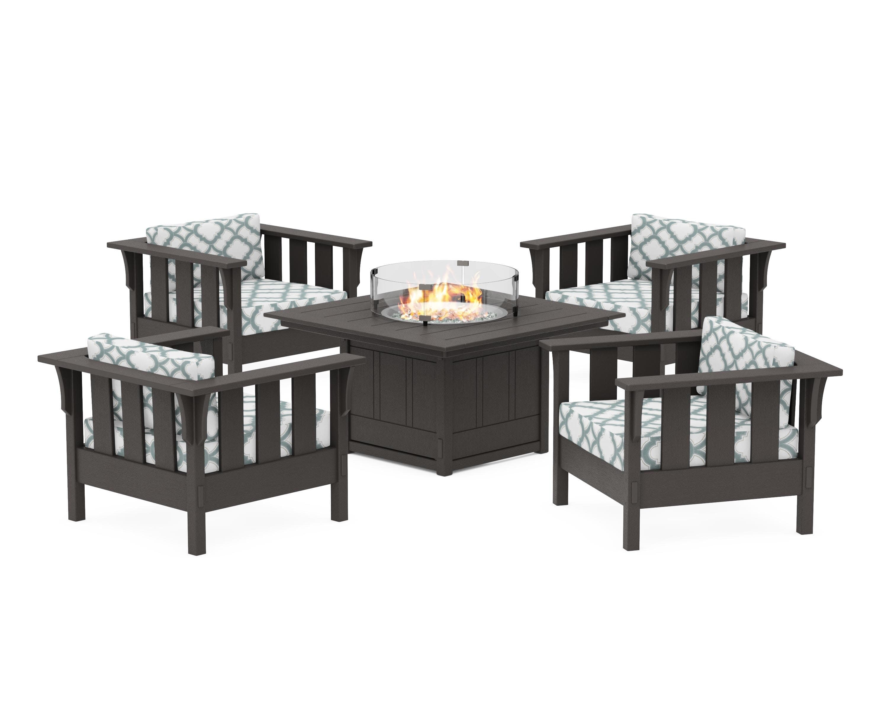 Acadia 5-Piece Deep Seating Set with Fire Pit Table in Vintage Coffee / Trellis Glacier Spa