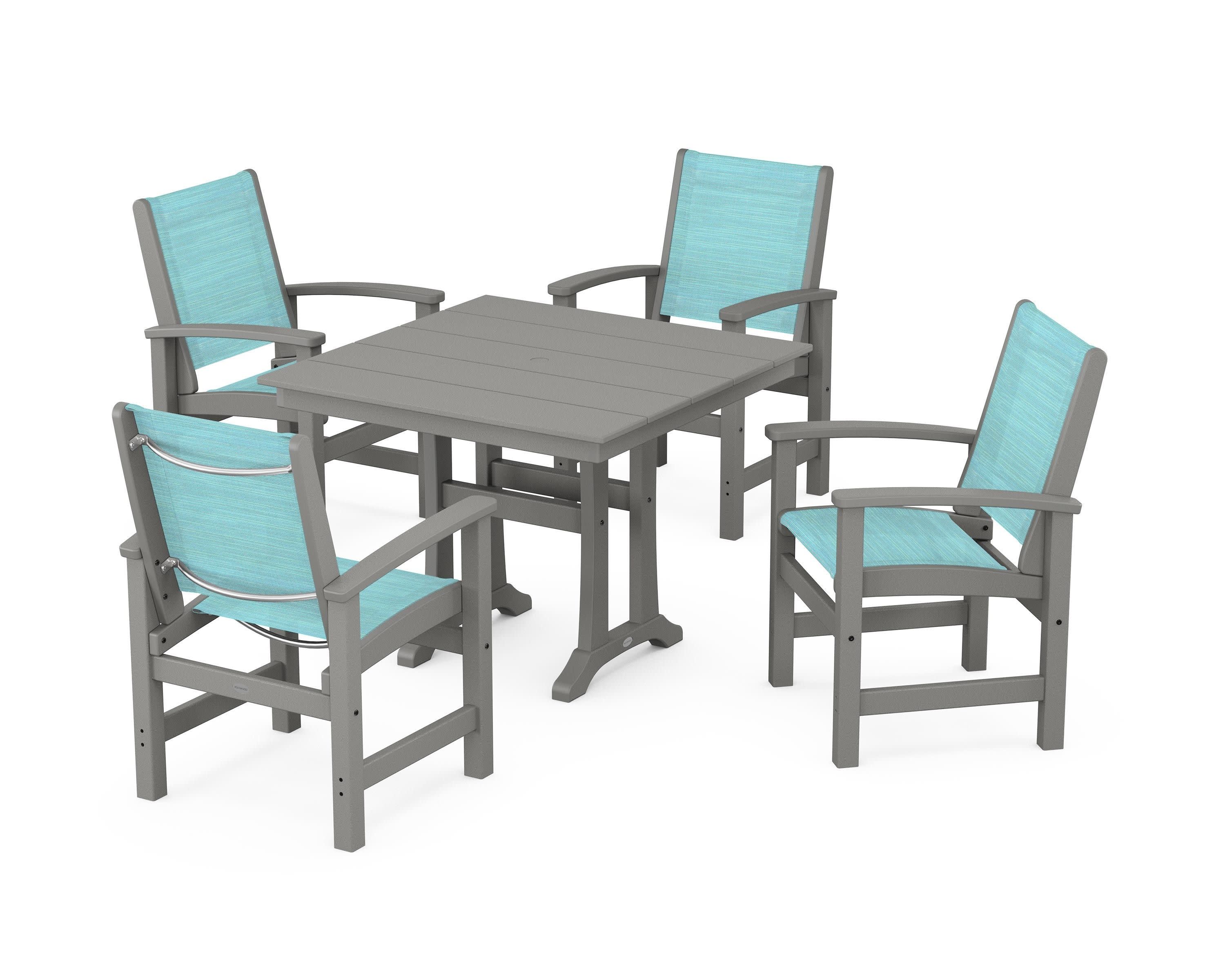 Coastal 5-Piece Farmhouse Dining Set With Trestle Legs in Slate Grey / Dupioni Aquamarine Sling