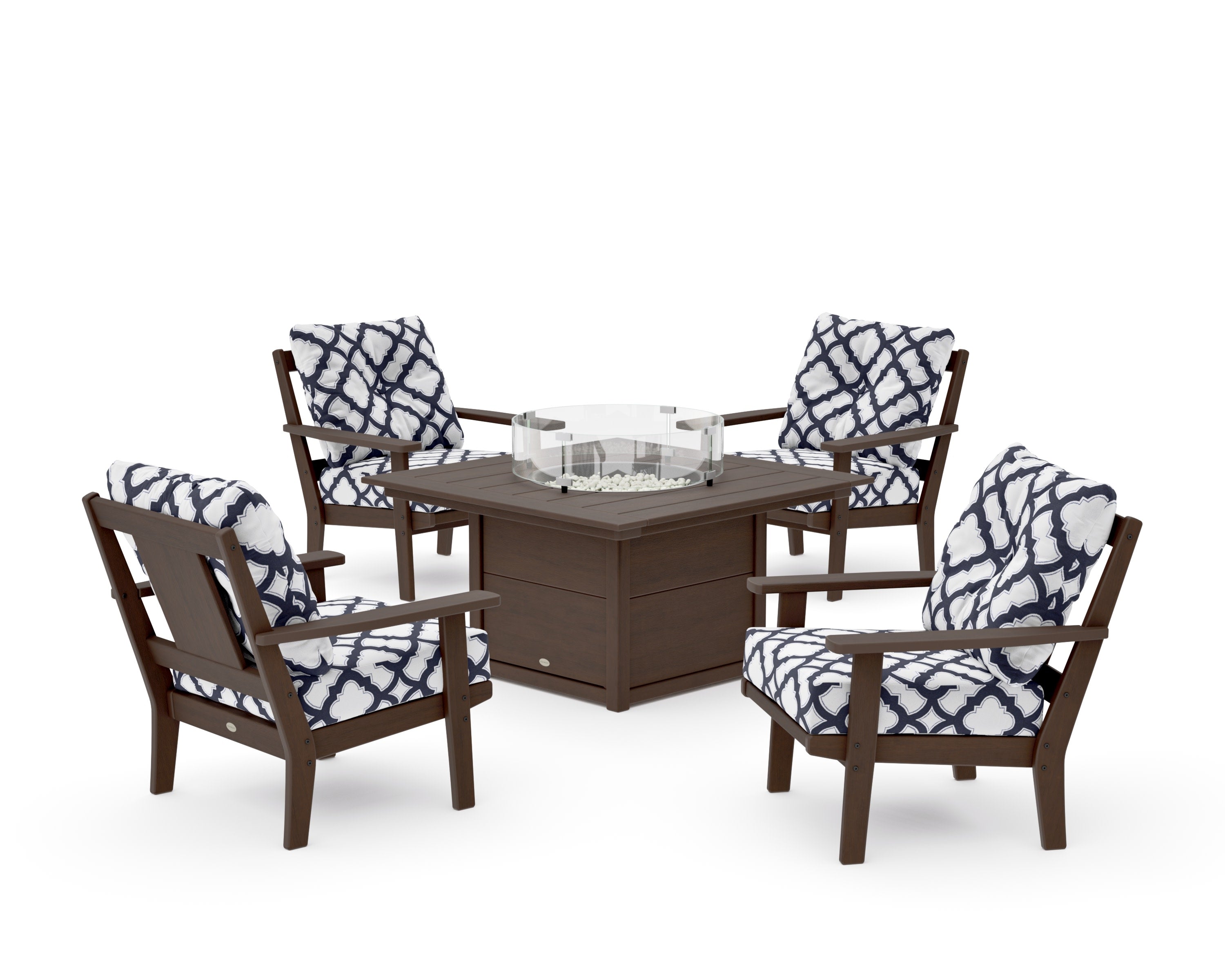 Prairie 5-Piece Deep Seating Set with Fire Pit Table in Kona / Trellis Navy