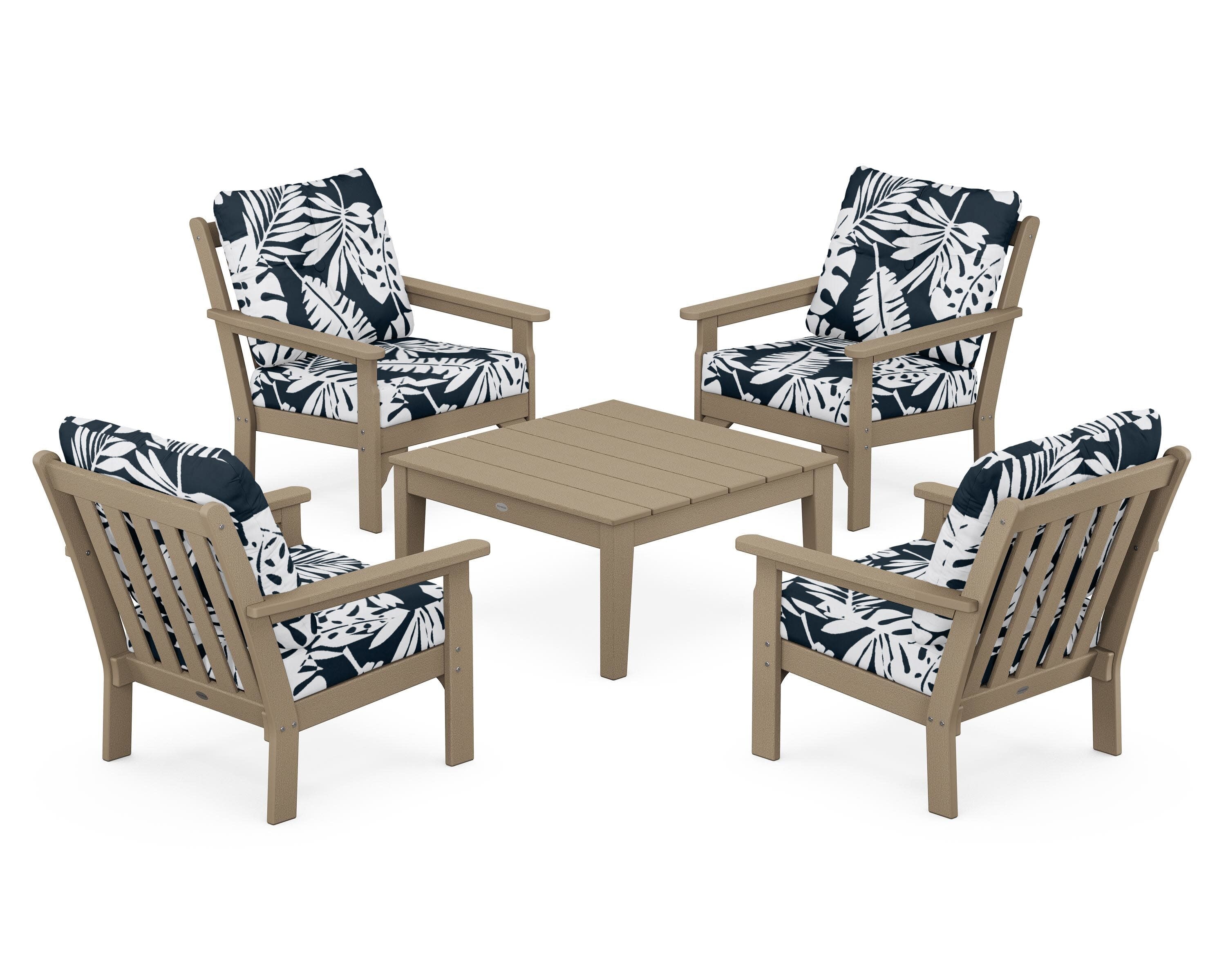 Vineyard 5-Piece Deep Seating Conversation Set in Vintage Sahara / Leaf Marine Indigo
