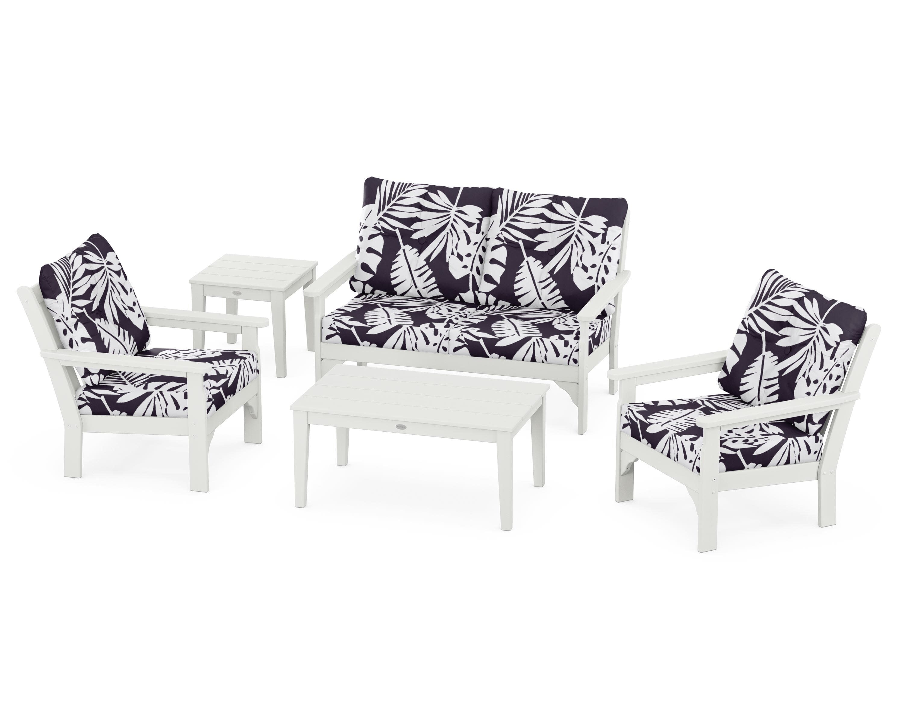 Vineyard 5-Piece Deep Seating Set in Vintage White / Leaf Navy