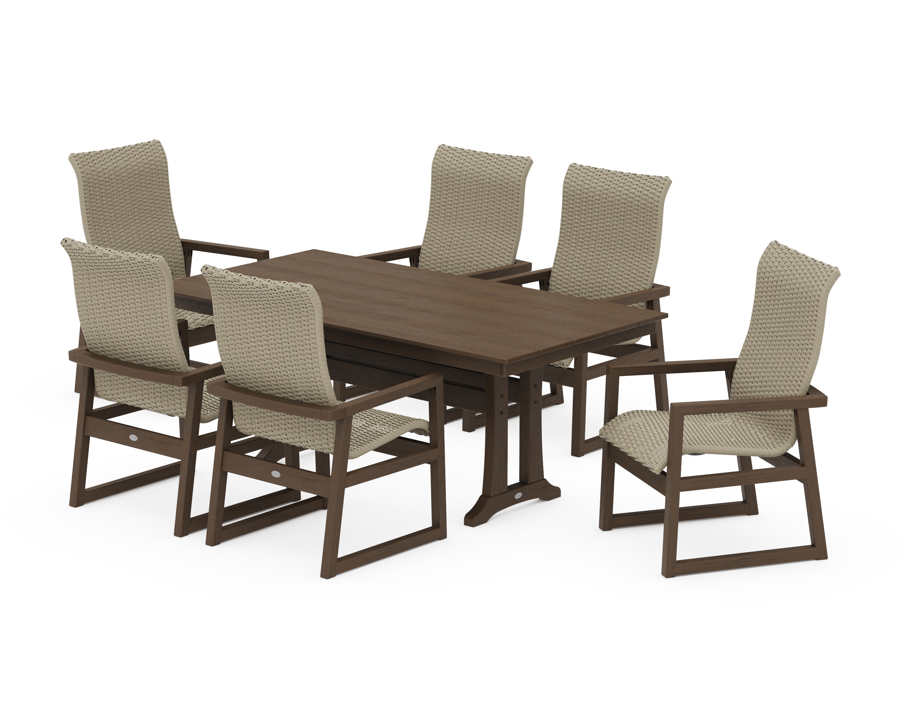EDGE Woven Highback Arm Chair 7-Piece Farmhouse Dining Set with Trestle Legs in Kona / Dune Grass