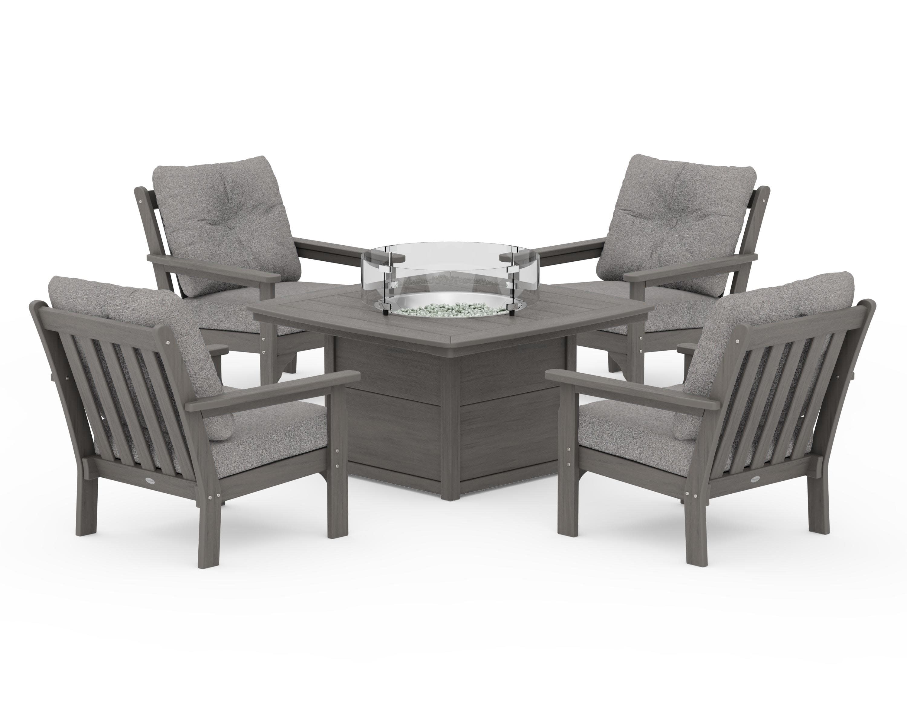 Vineyard 5-Piece Conversation Set with Fire Pit Table in Driftwood / Grey Mist