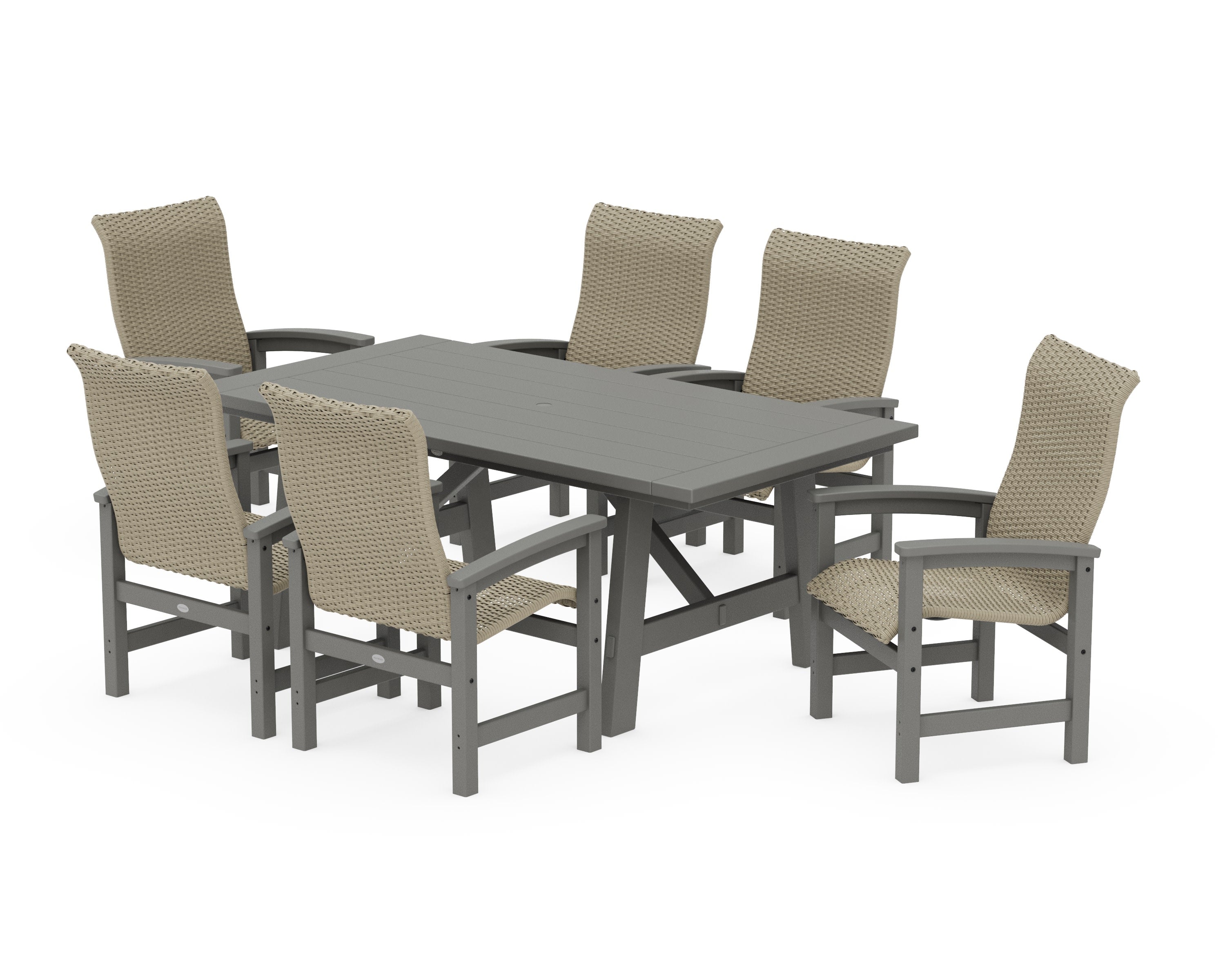 Coastal Woven High-Back Arm Chair 7-Piece Rustic Farmhouse Dining Set in Slate Grey / Dune Grass