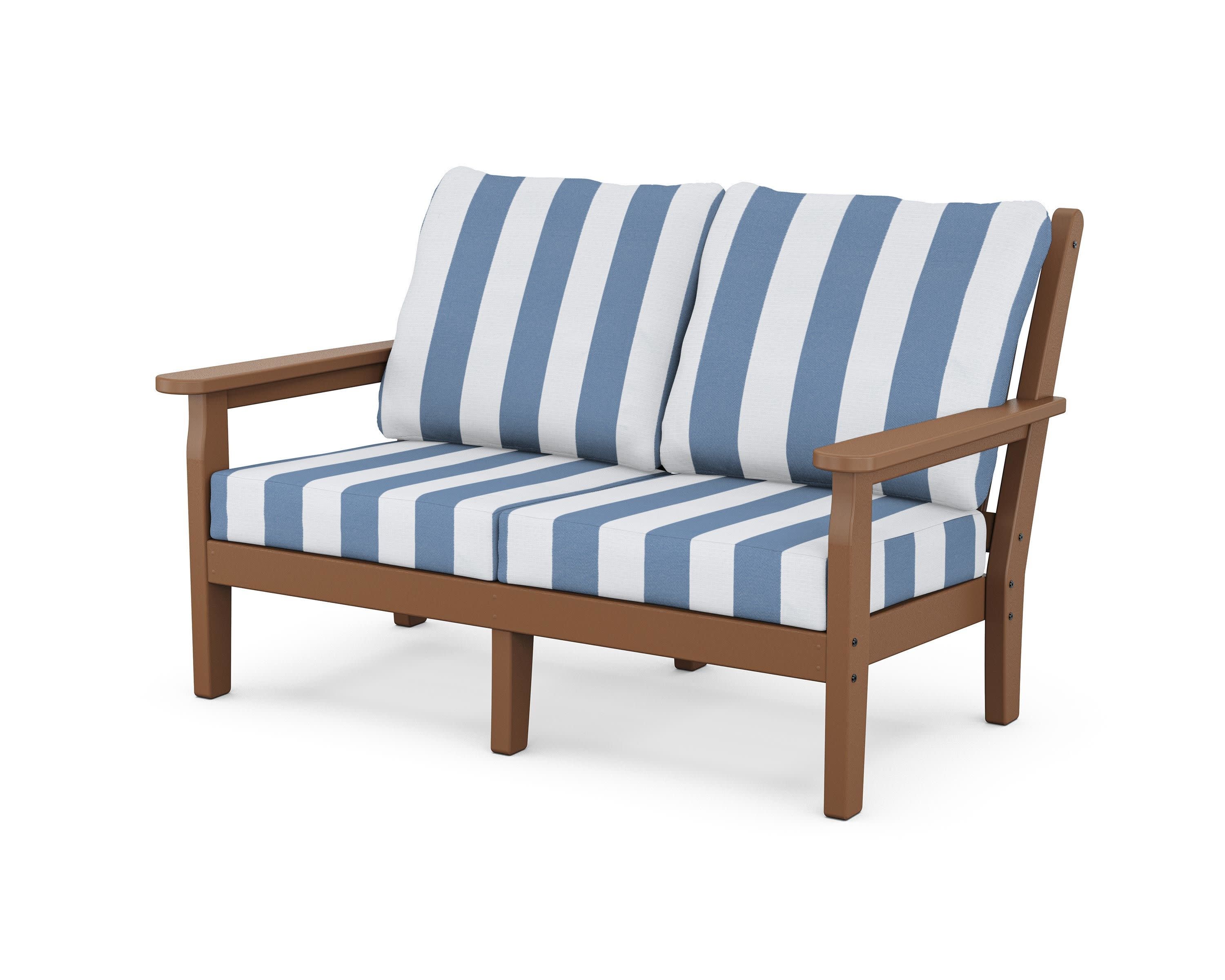 Chippendale Deep Seating Loveseat in Teak / Cabana Stripe Sky Blue