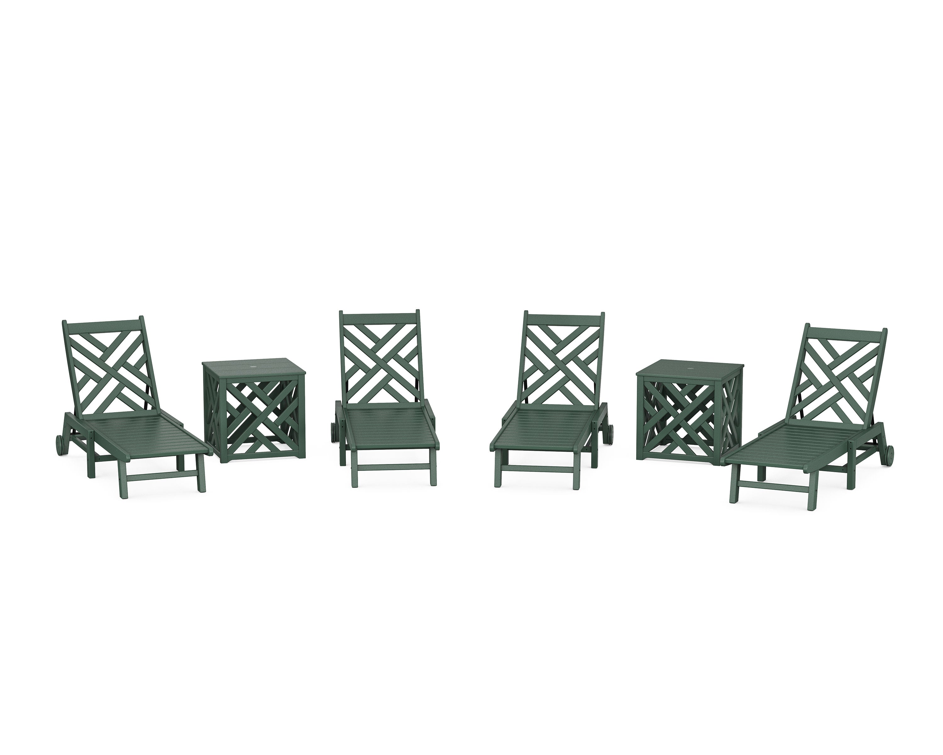 Chippendale 6-Piece Chaise Set with Wheels and Umbrella Stand Accent Table in Green
