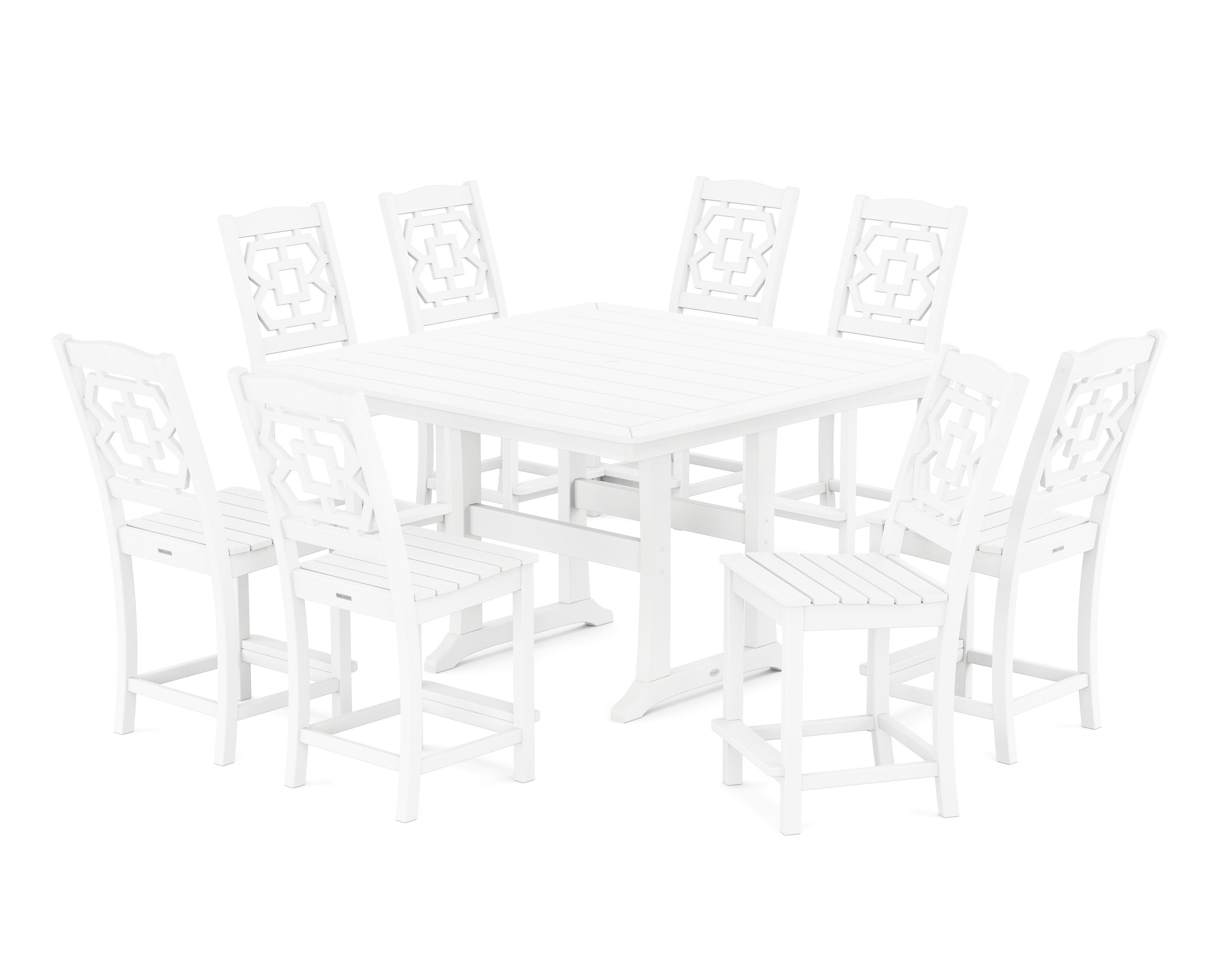 Chinoiserie 9-Piece Square Side Chair Counter Set with Trestle Legs in White