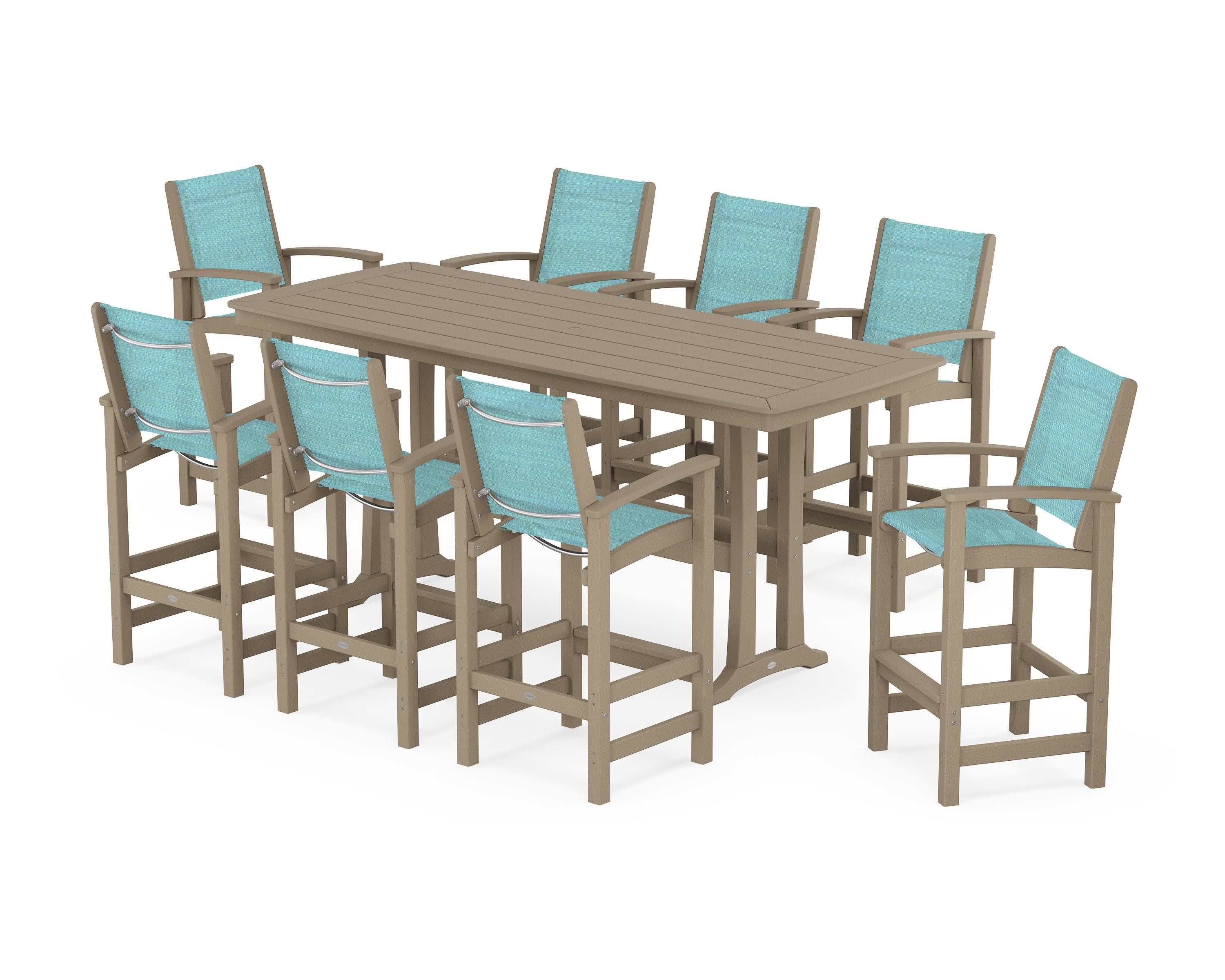 Coastal 9-Piece Bar Set with Trestle Legs in Vintage Sahara / Dupioni Aquamarine Sling