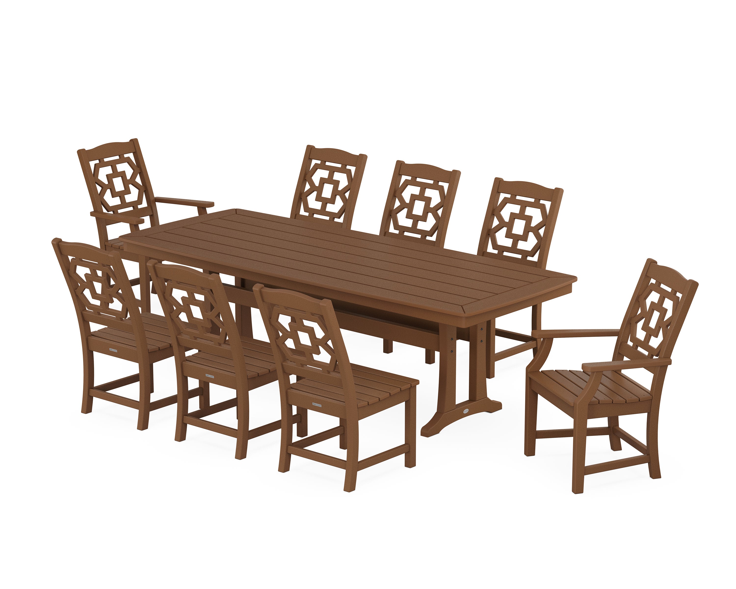 Chinoiserie 9-Piece Dining Set with Trestle Legs in Teak