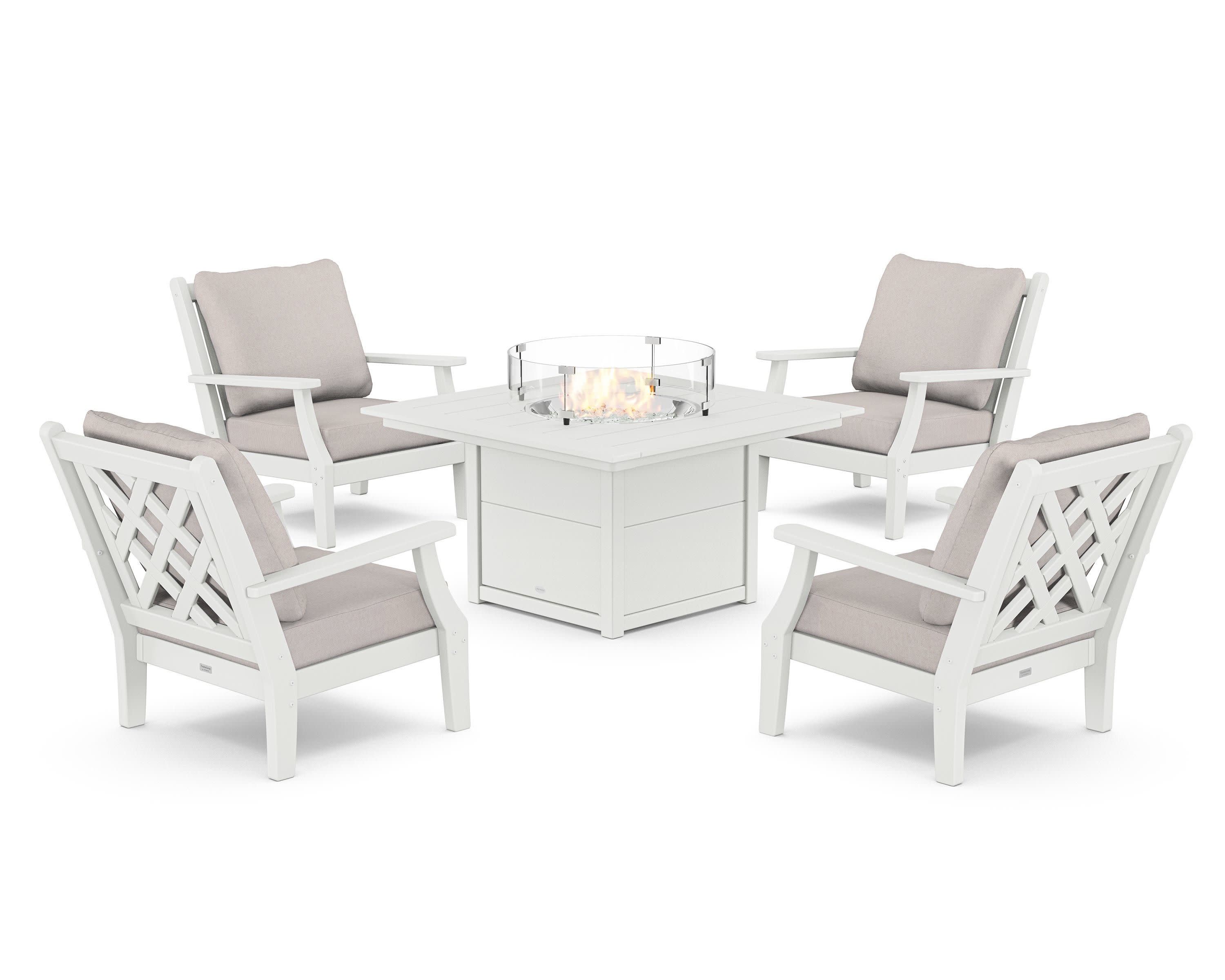 Wovendale 5-Piece Deep Seating Set with Fire Pit Table in White / Dune Burlap