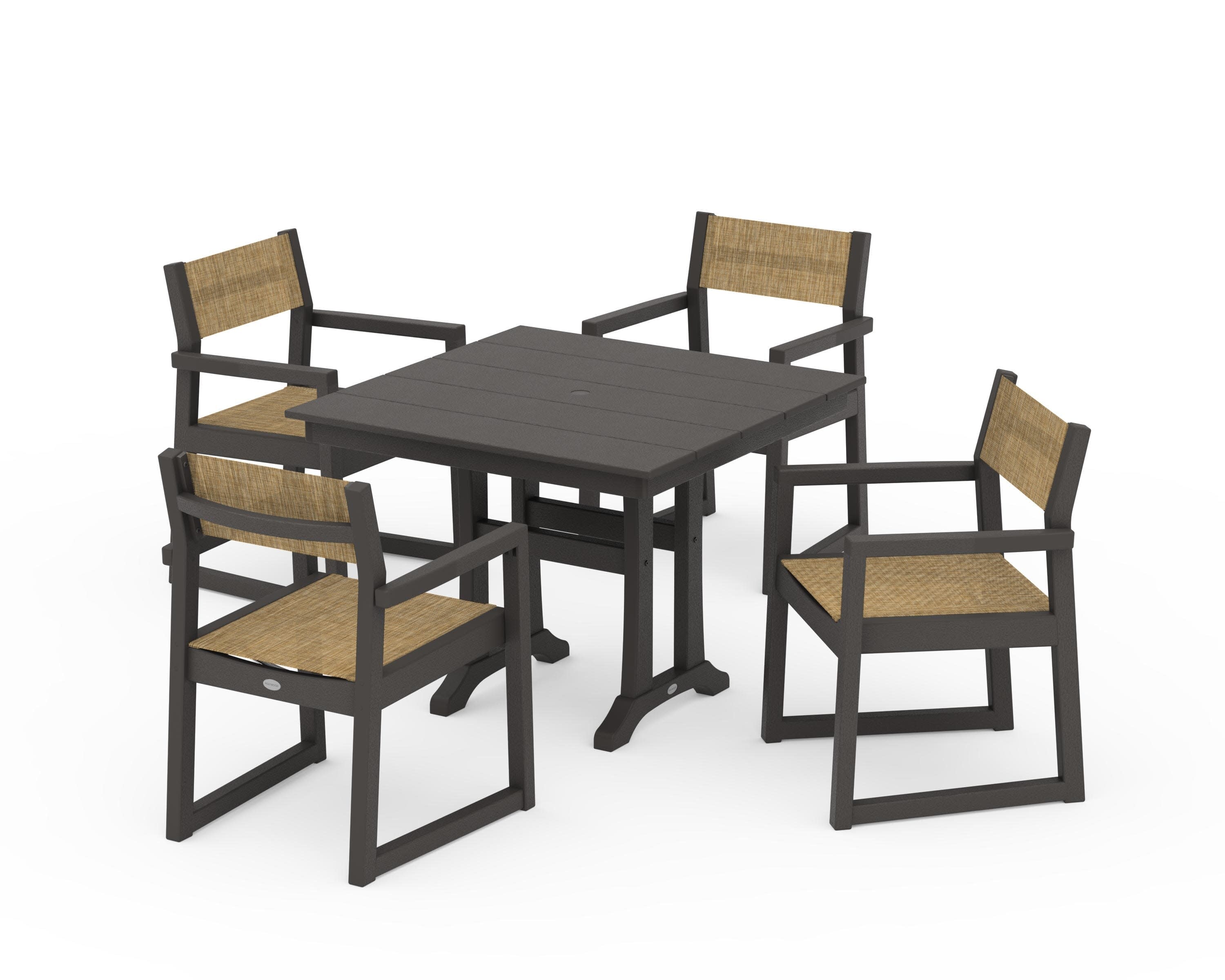 EDGE Sling 5-Piece Farmhouse Dining Set with Trestle Legs in Vintage Coffee / Burlap Sling