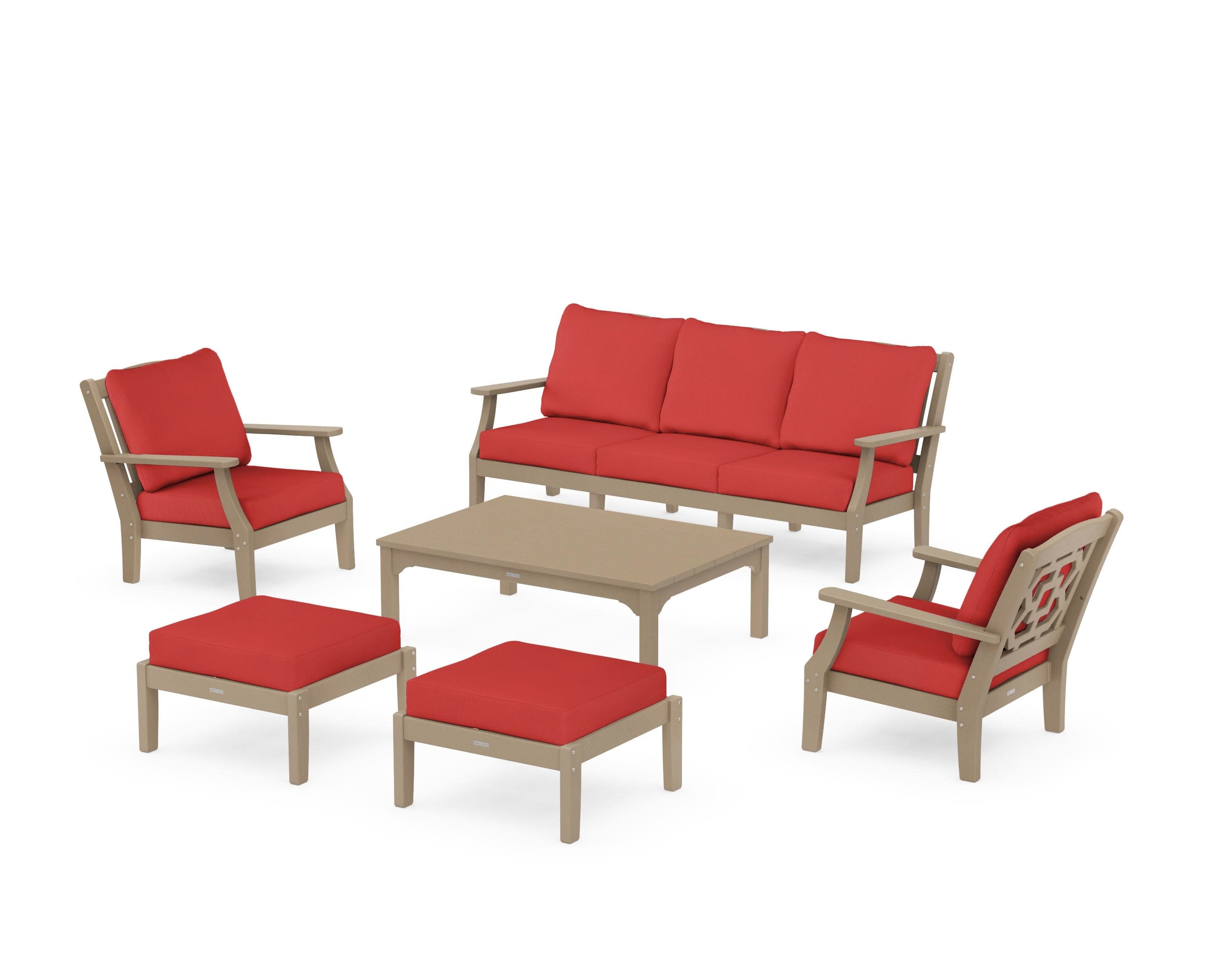 Chinoiserie 6-Piece Lounge Sofa Set in Vintage Sahara / Crimson Linen