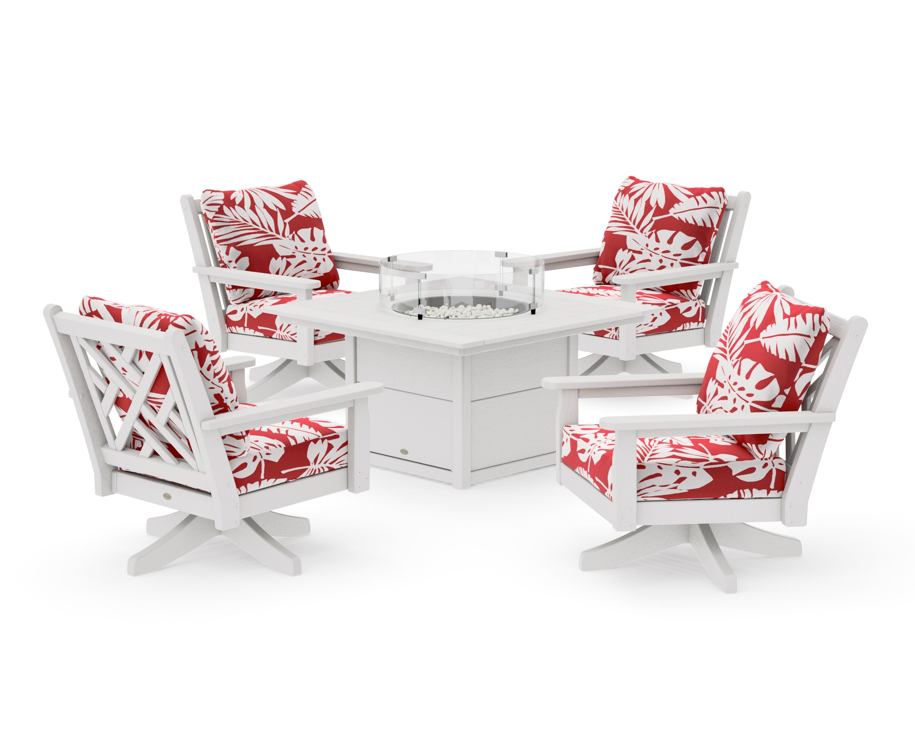 Chippendale 5-Piece Deep Seating Swivel Conversation Set with Fire Pit Table in Vintage White / Leaf Crimson