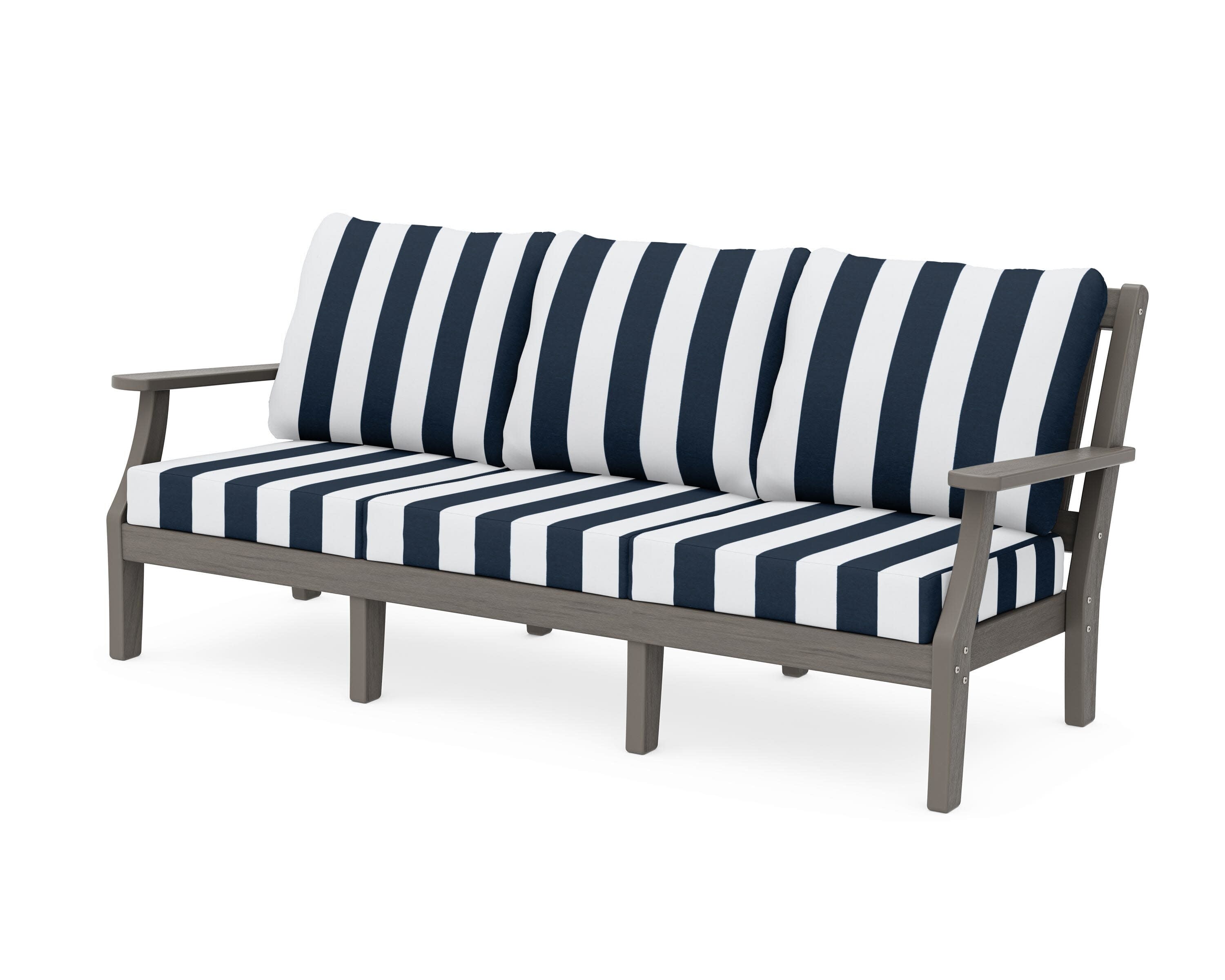 Chinoiserie Deep Seating Sofa in Driftwood / Cabana Stripe Marine Indigo