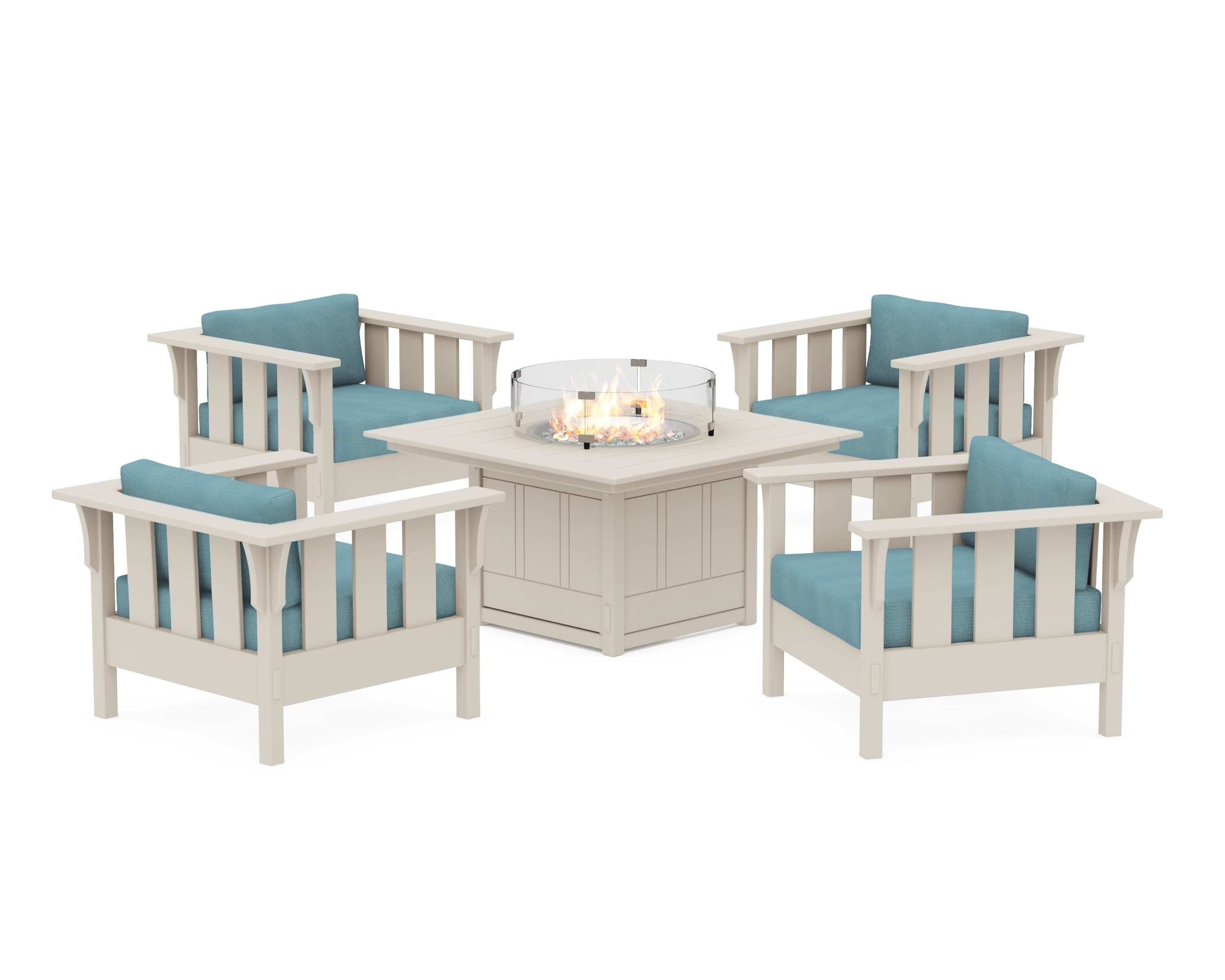 Acadia 5-Piece Deep Seating Set with Fire Pit Table in Sand / Lattice Sky Blue