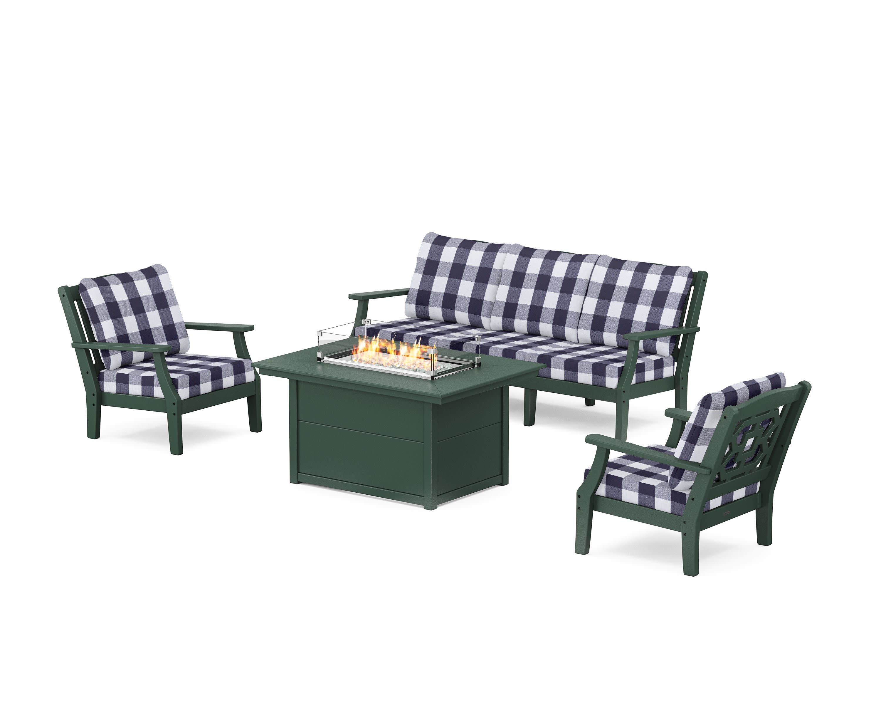 Chinoiserie Deep Seating Fire Pit Table Set in Green / Buffalo Plaid Navy