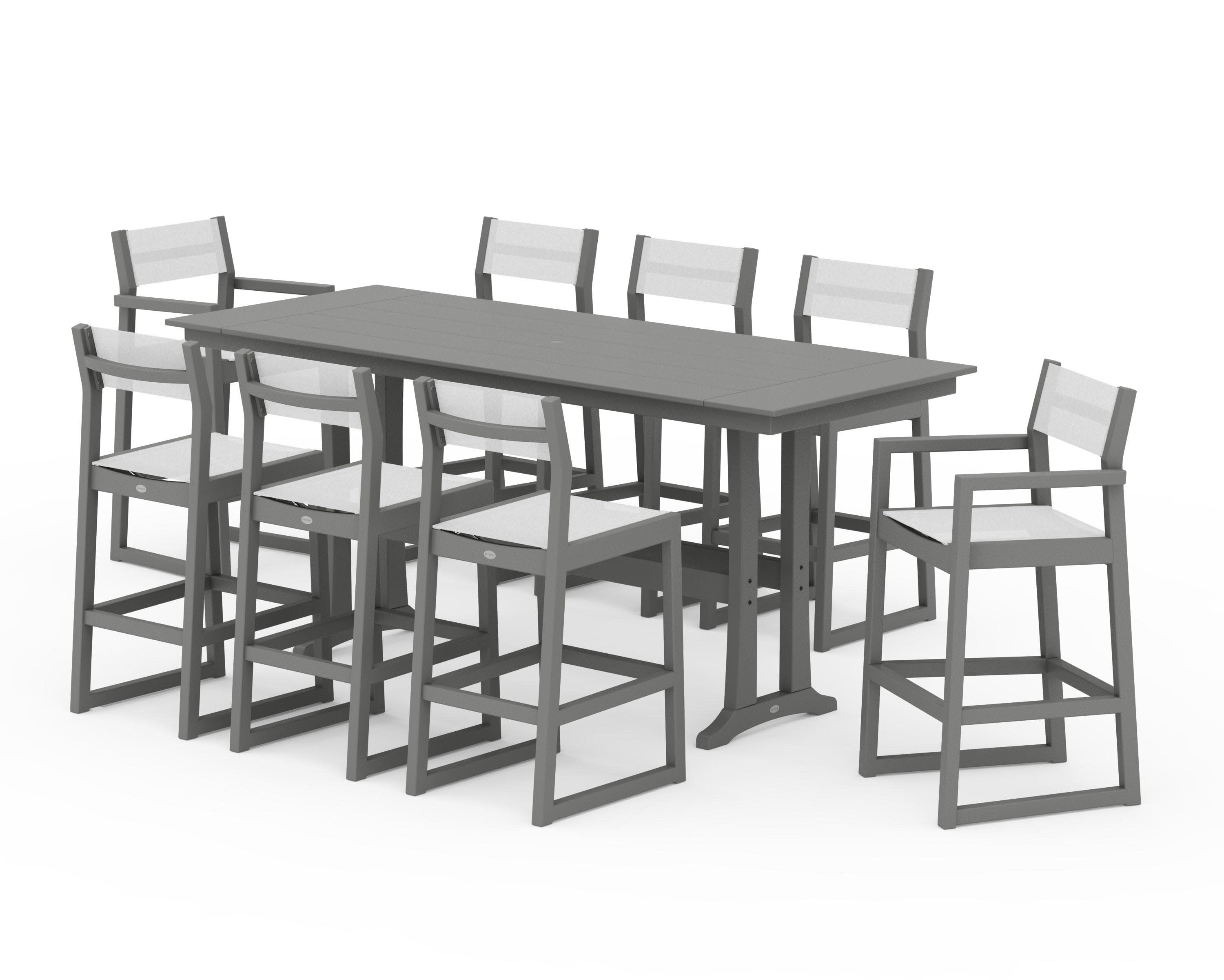 EDGE Sling 9-Piece Farmhouse Bar Set with Trestle Legs in Slate Grey / White Sling