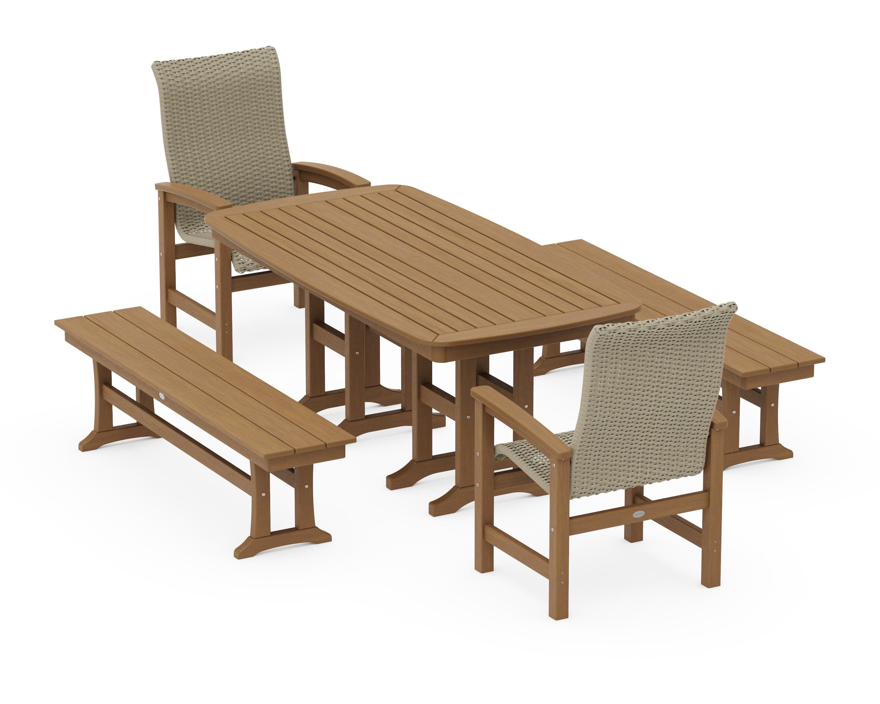 Coastal Woven High-Back 5-Piece Dining Set with Benches in Natural / Dune Grass