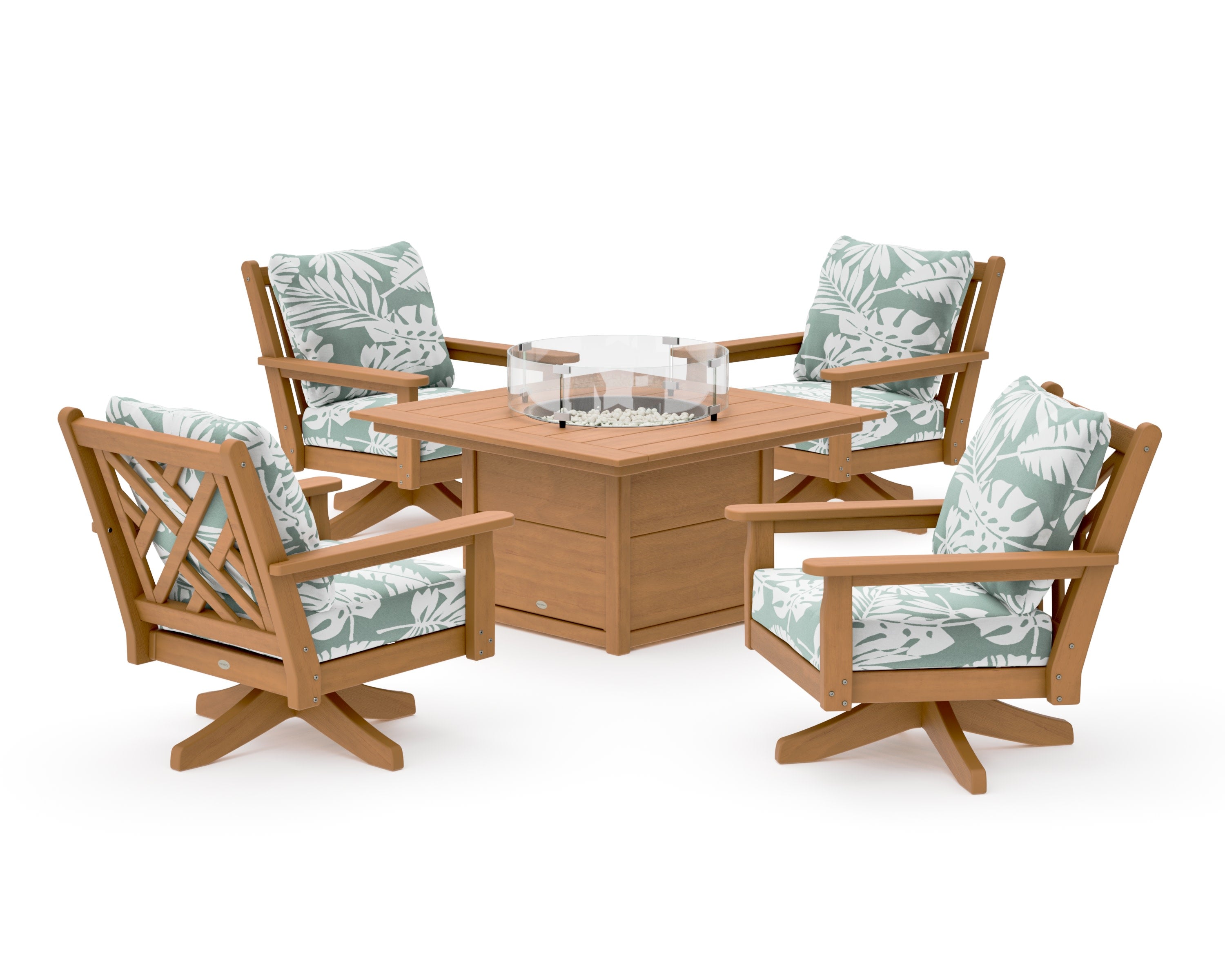 Chippendale 5-Piece Deep Seating Swivel Conversation Set with Fire Pit Table in Natural / Leaf Glacier Spa