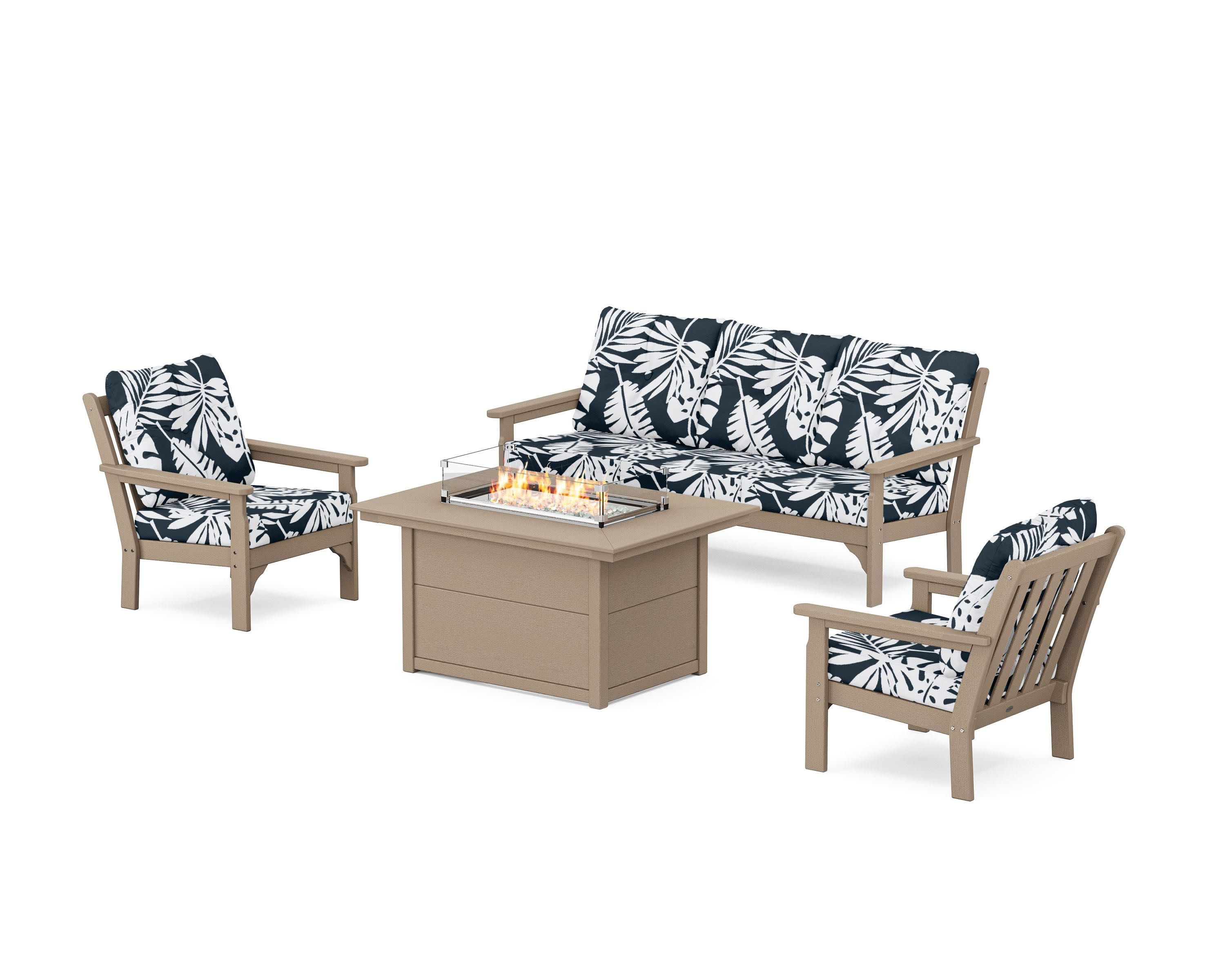 Vineyard Deep Seating Fire Pit Table Set in Vintage Sahara / Leaf Marine Indigo
