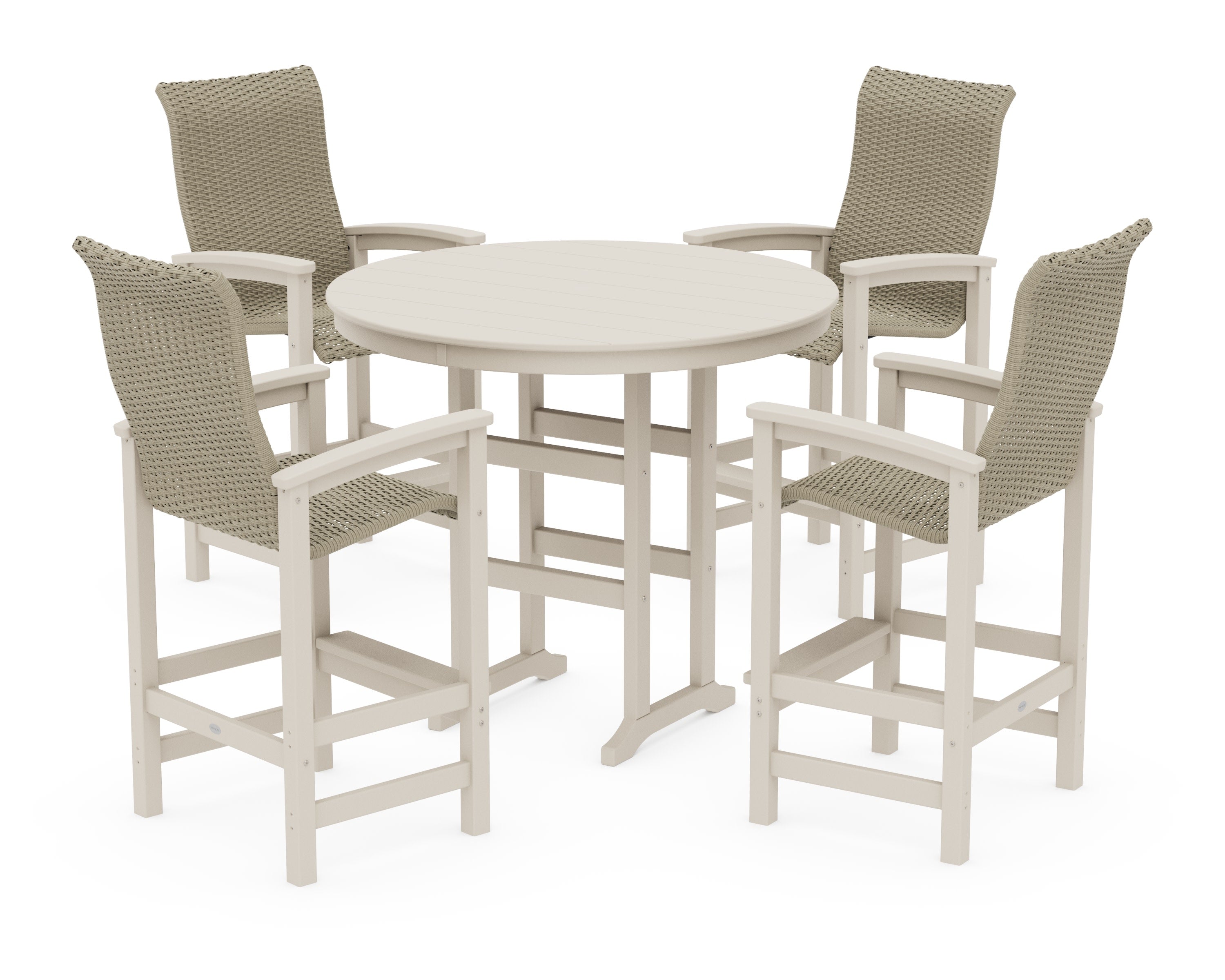 Coastal Woven High-Back 5-Piece Round Farmhouse Bar Set in Sand / Dune Grass