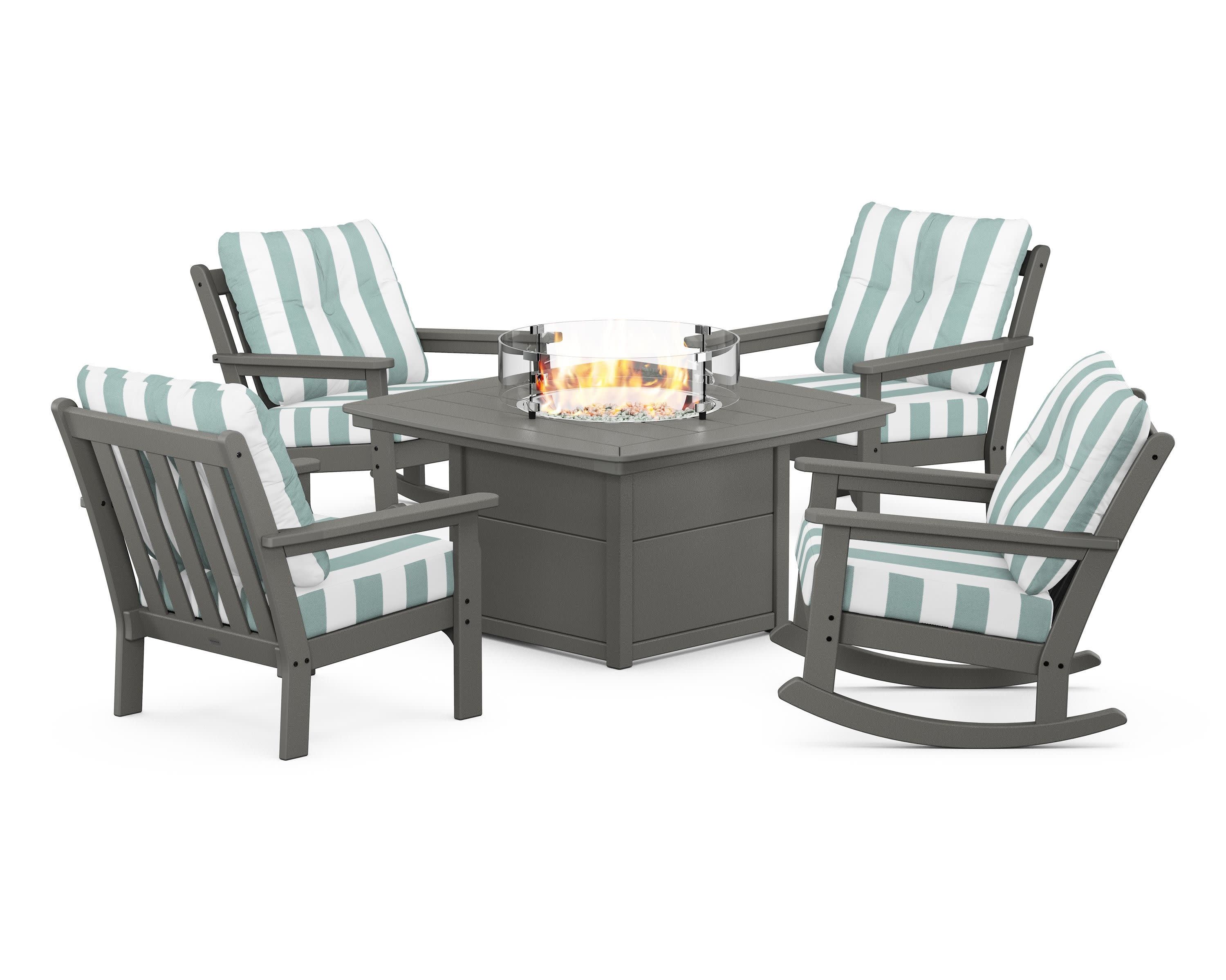 Vineyard 5-Piece Deep Seating Rocking Chair Conversation Set with Fire Pit Table in Slate Grey / Cabana Stripe Glacier Spa