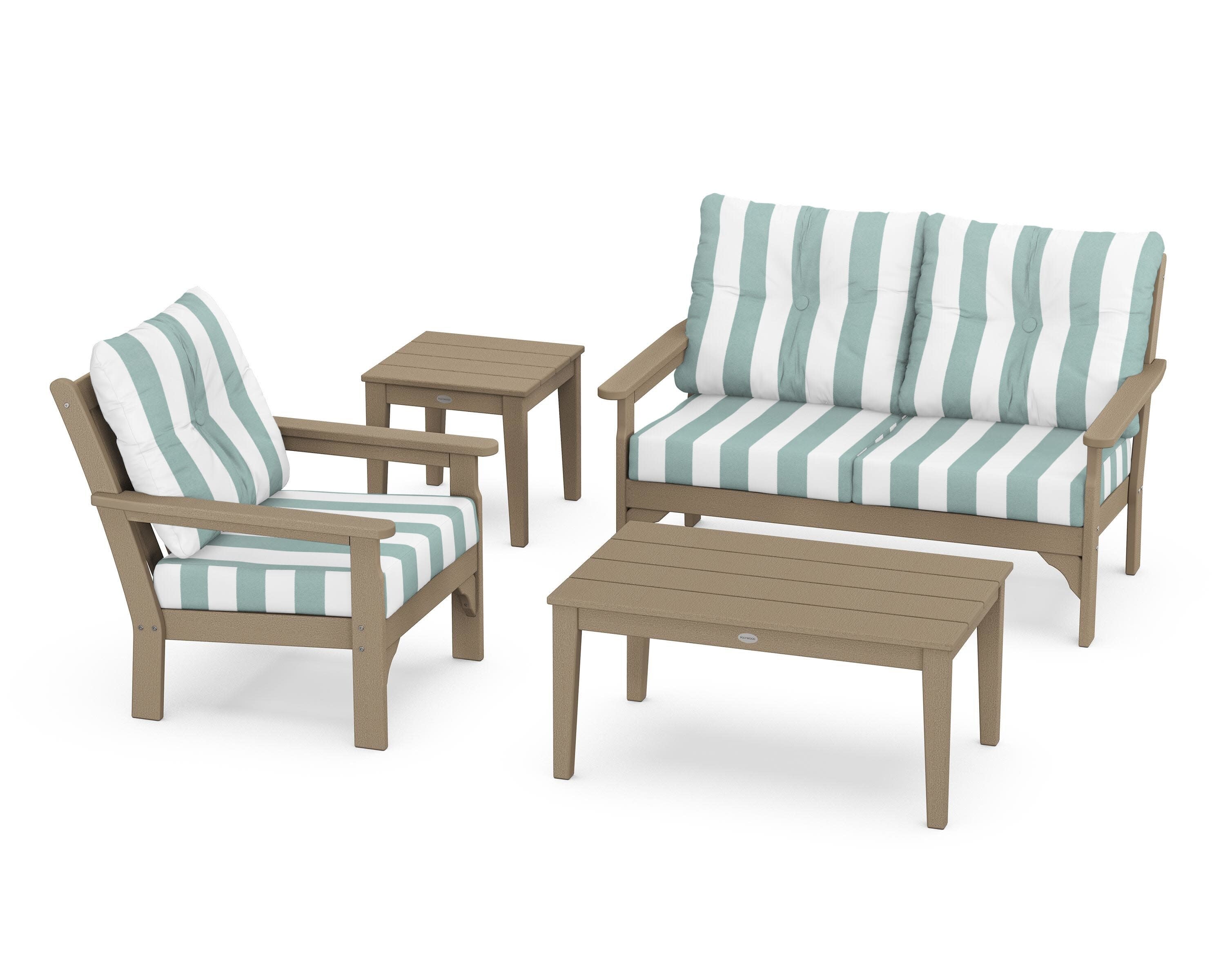 Vineyard 4-Piece Deep Seating Set in Vintage Sahara / Cabana Stripe Glacier Spa