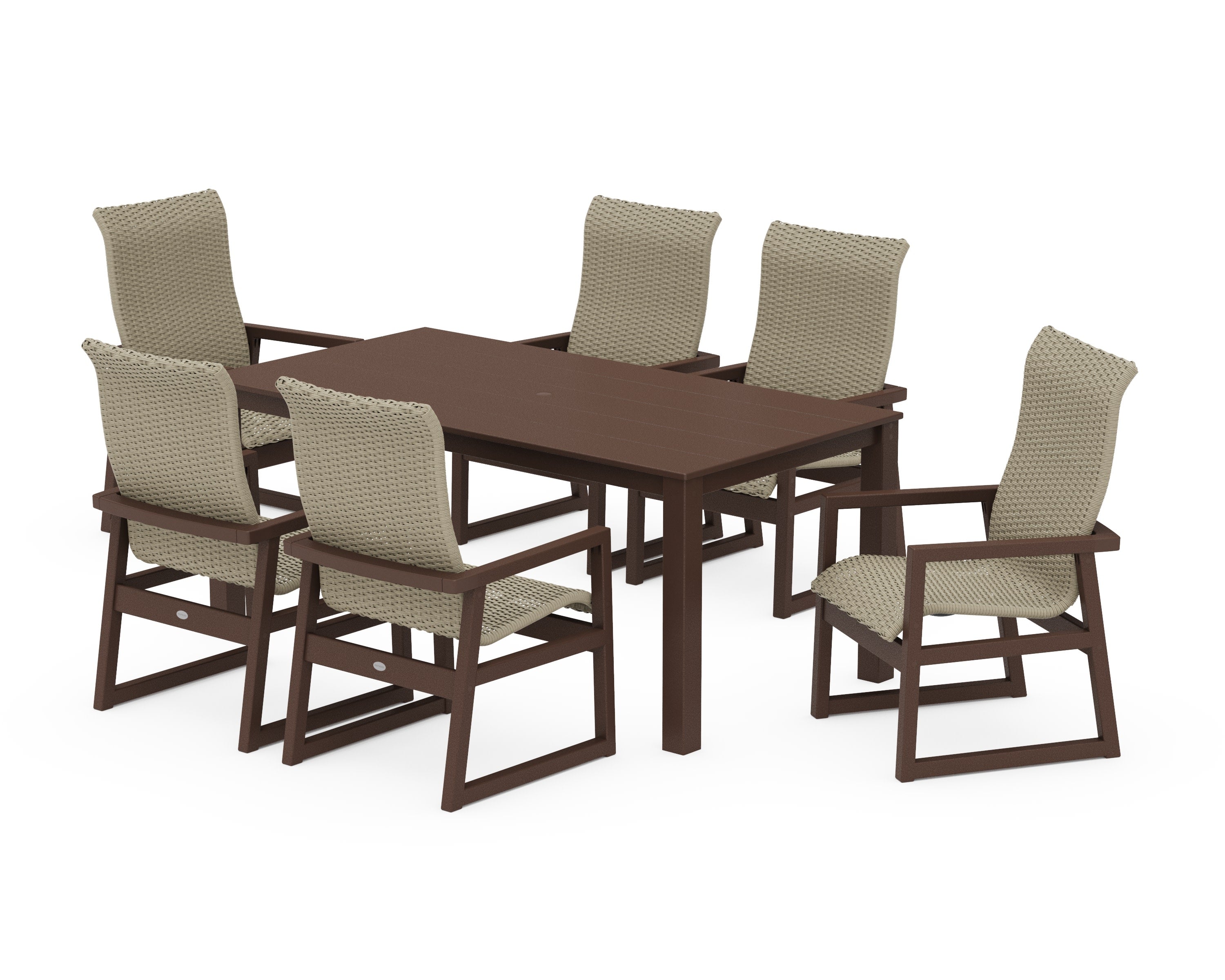 EDGE Woven Highback Arm Chair 7-Piece Parsons Dining Set in Mahogany / Dune Grass