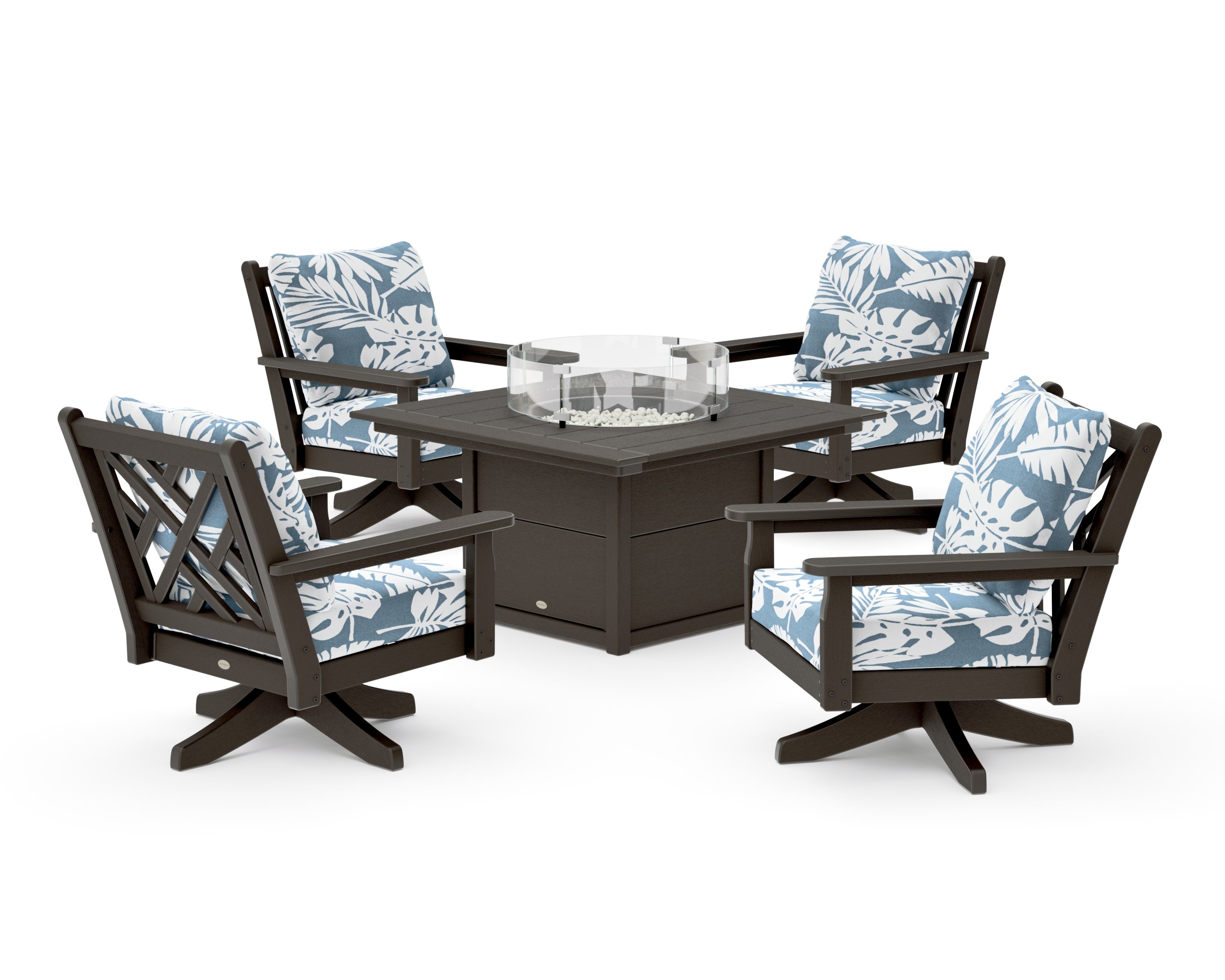 Chippendale 5-Piece Deep Seating Swivel Conversation Set with Fire Pit Table in Vintage Coffee / Leaf Sky Blue