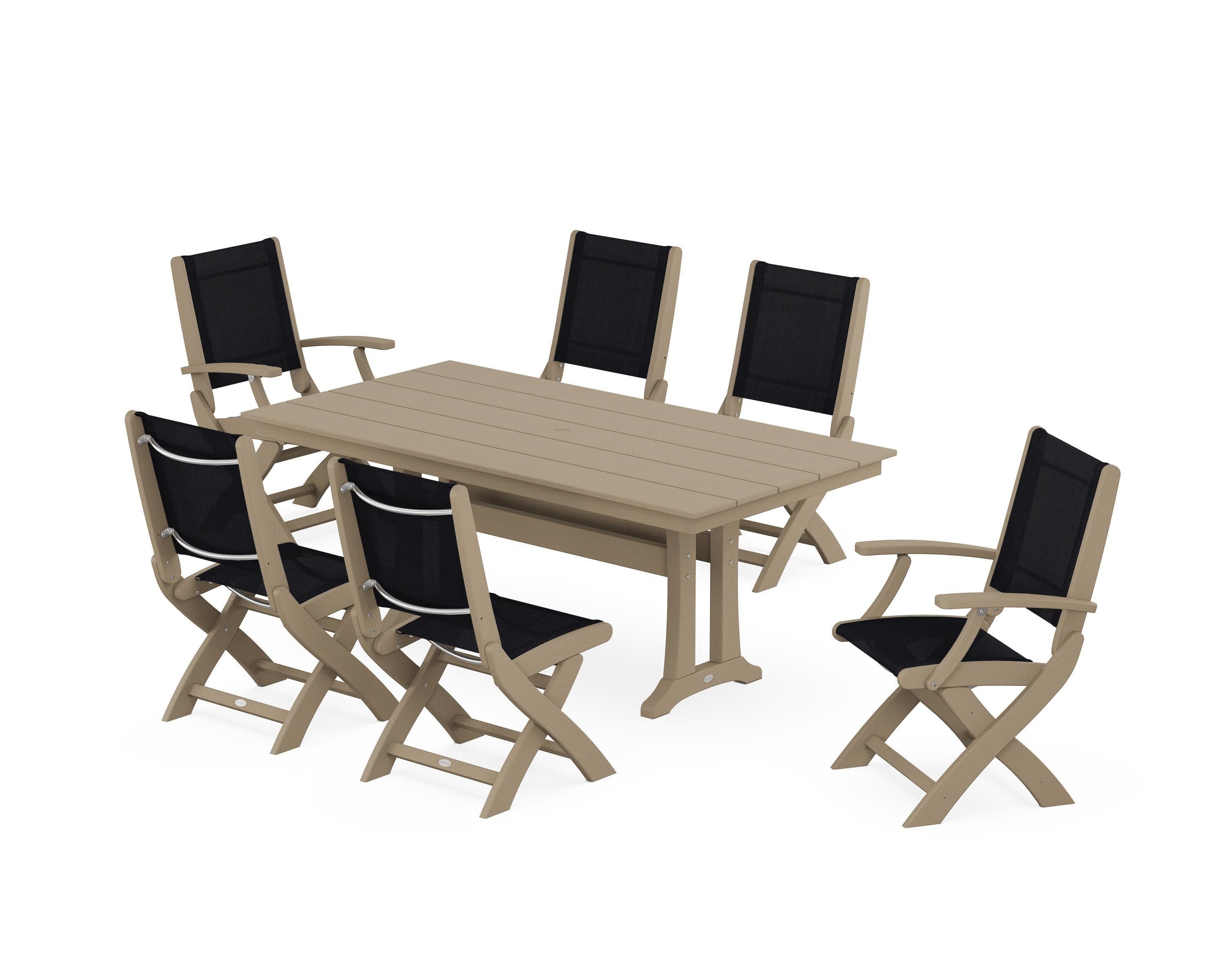 Coastal Folding Chair 7-Piece Farmhouse Dining Set with Trestle Legs in Vintage Sahara / Black Sling