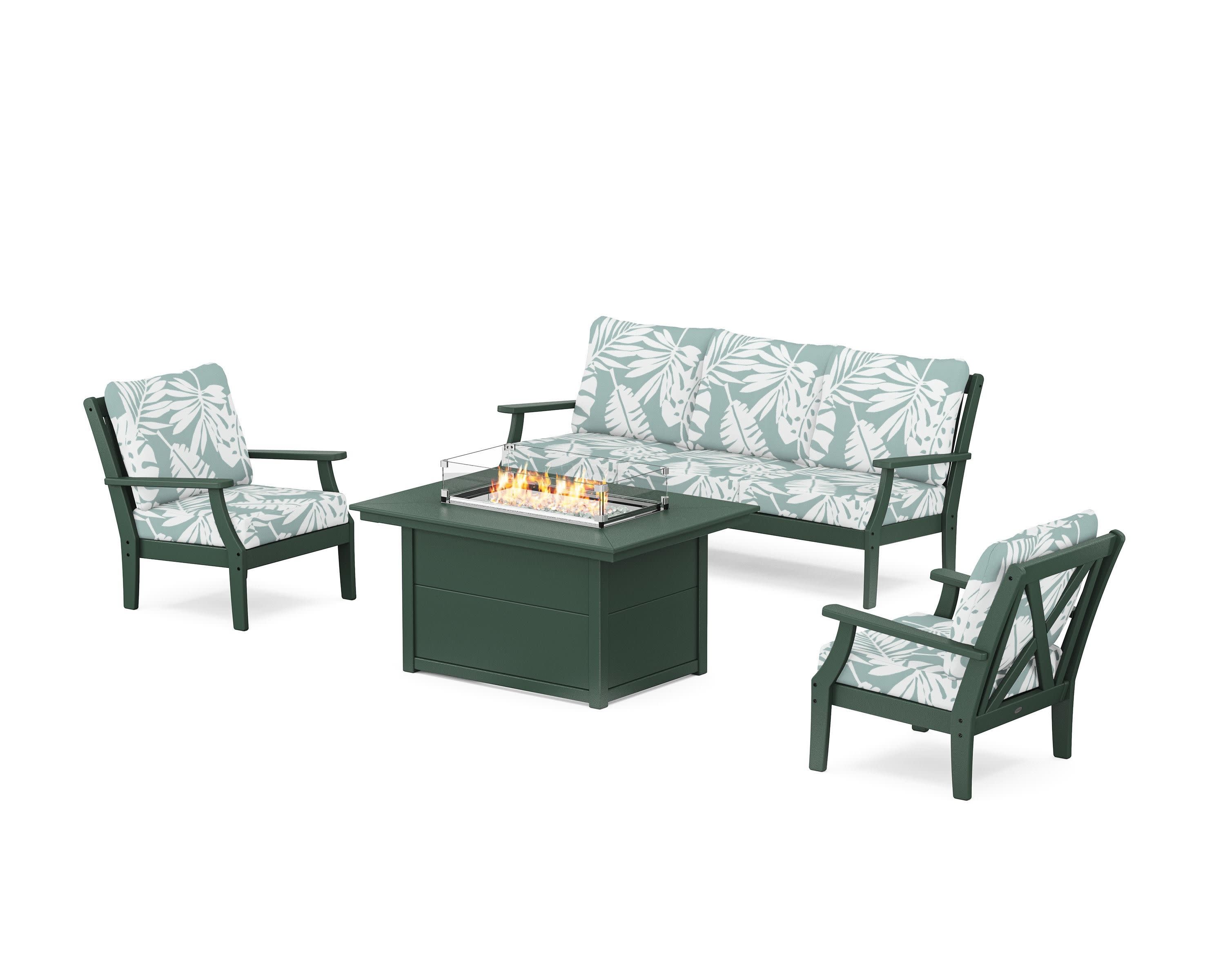 Braxton Deep Seating Fire Pit Table Set in Green / Leaf Glacier Spa