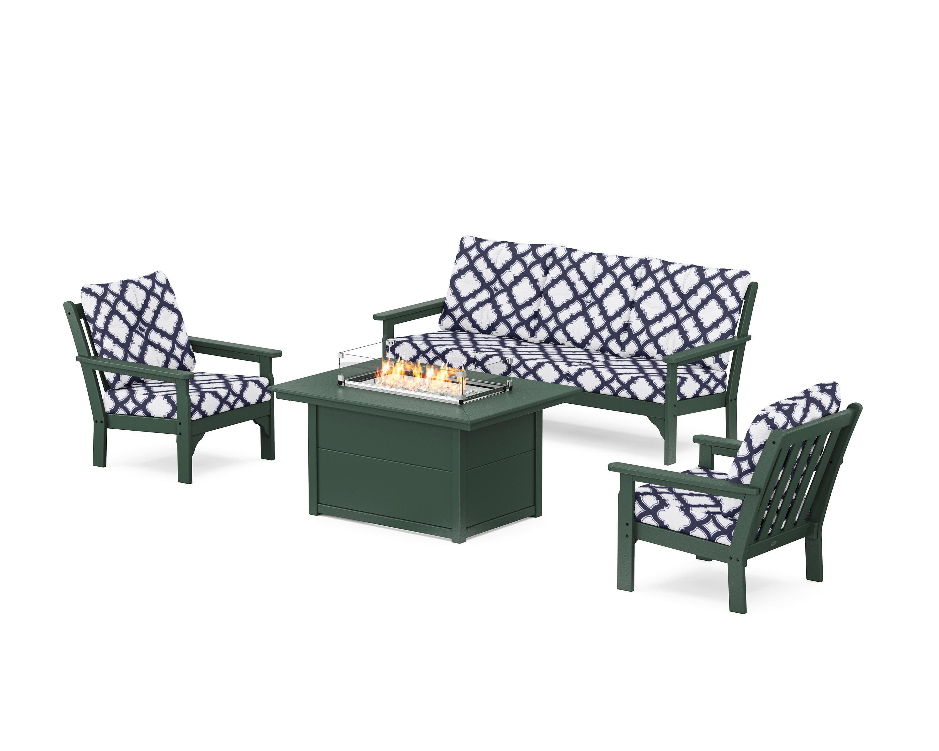 Vineyard Deep Seating Fire Pit Table Set in Green / Trellis Navy