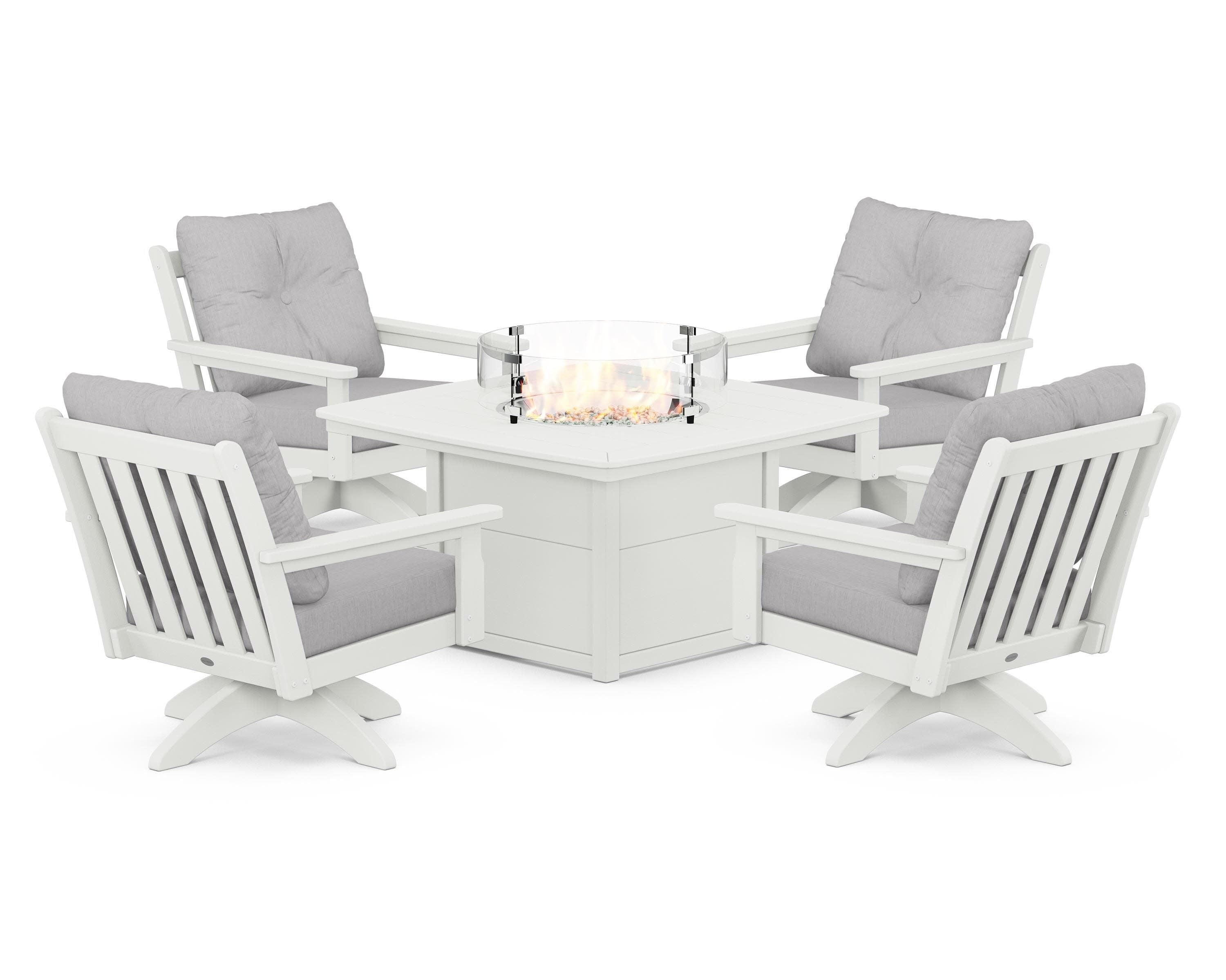 Vineyard 5-Piece Deep Seating Swivel Conversation Set with Fire Pit Table in Vintage White / Granite