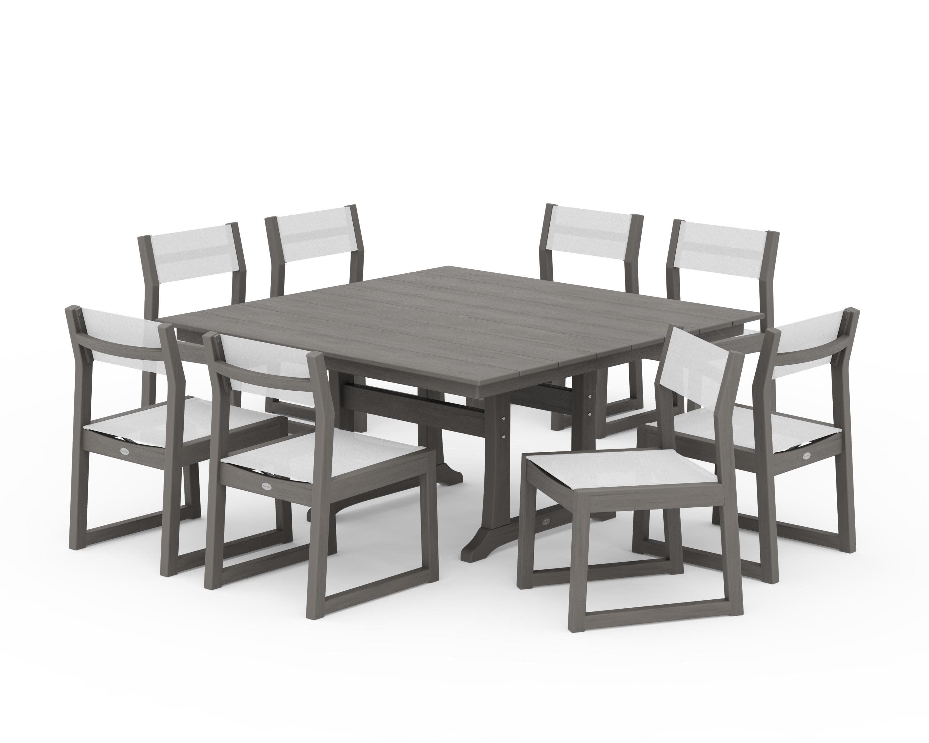 EDGE Sling Side Chair 9-Piece Farmhouse Trestle Dining Set in Driftwood / White Sling