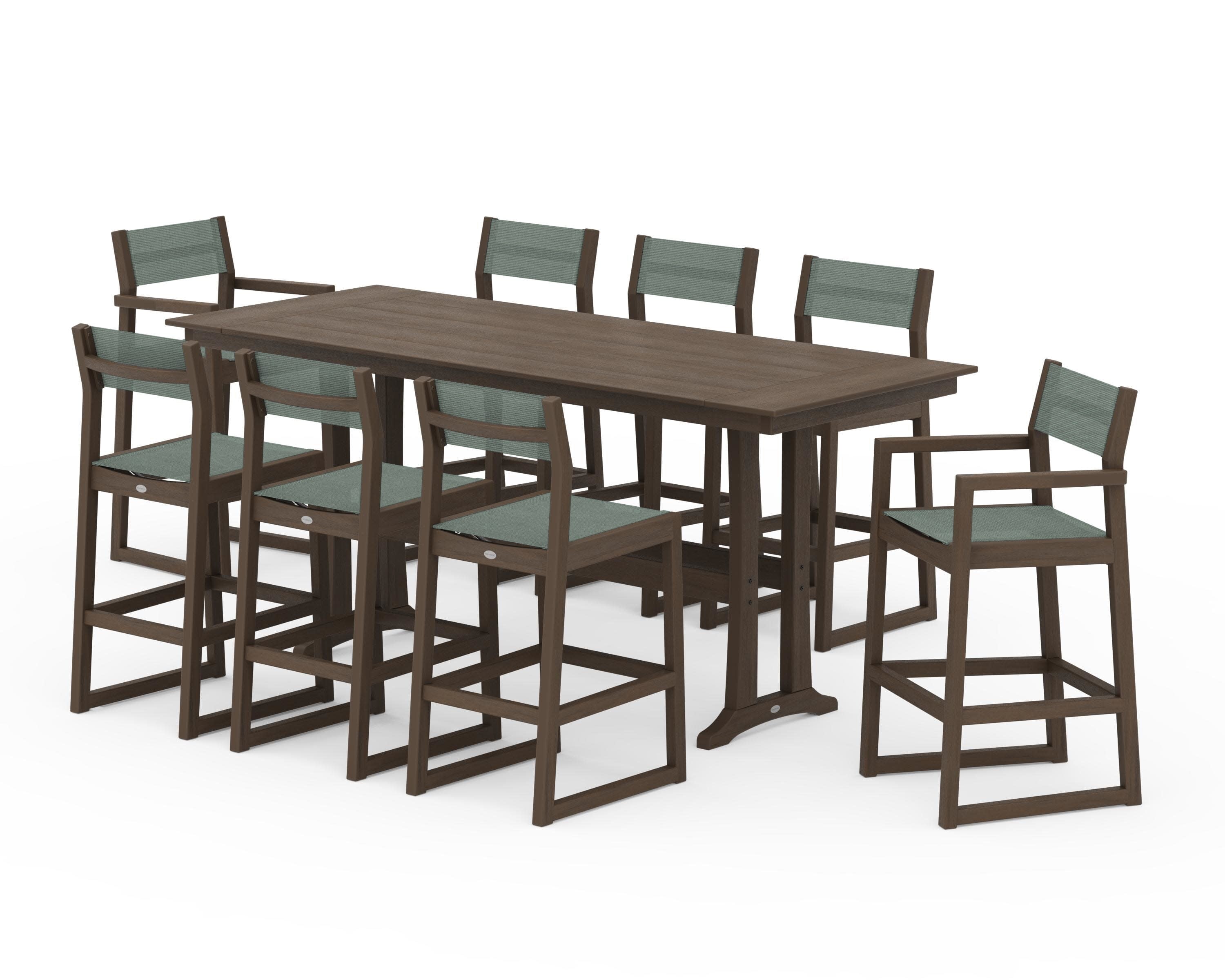 EDGE Sling 9-Piece Farmhouse Bar Set with Trestle Legs in Kona / Dupioni Sea Mist Sling