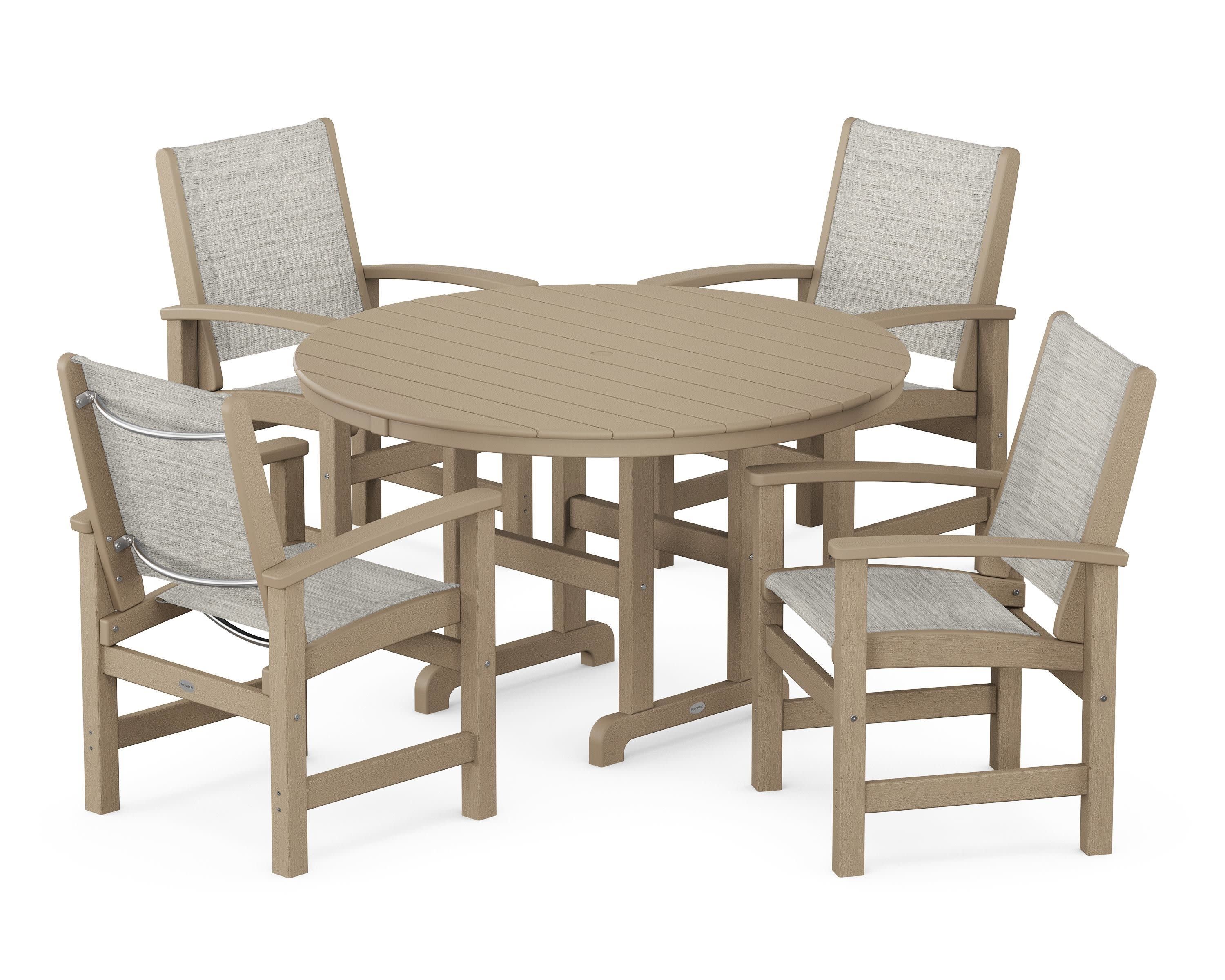 Coastal 5-Piece Round Farmhouse Dining Set in Vintage Sahara / Birch Sling