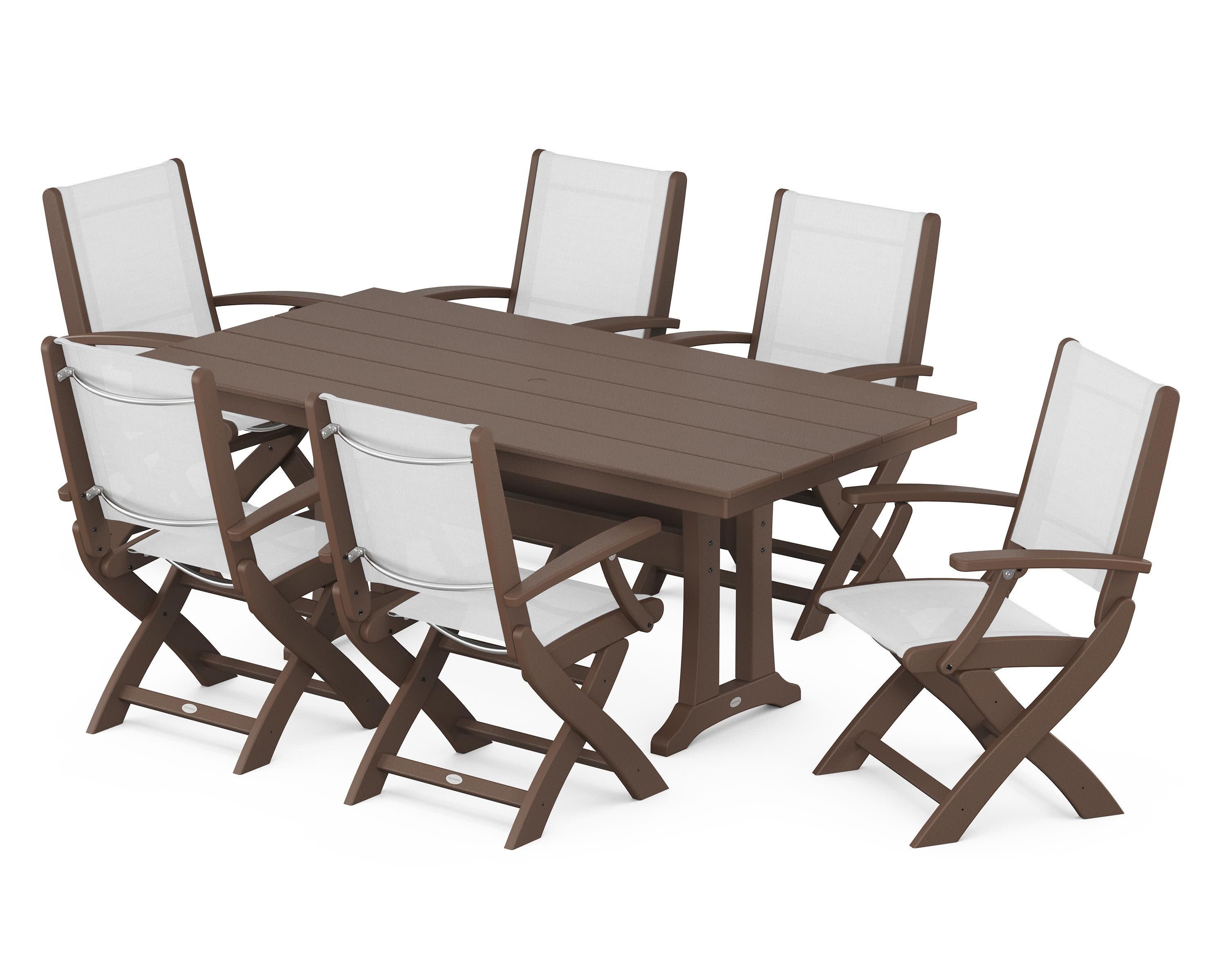 Coastal Folding Arm Chair 7-Piece Farmhouse Dining Set with Trestle Legs in Mahogany / White Sling