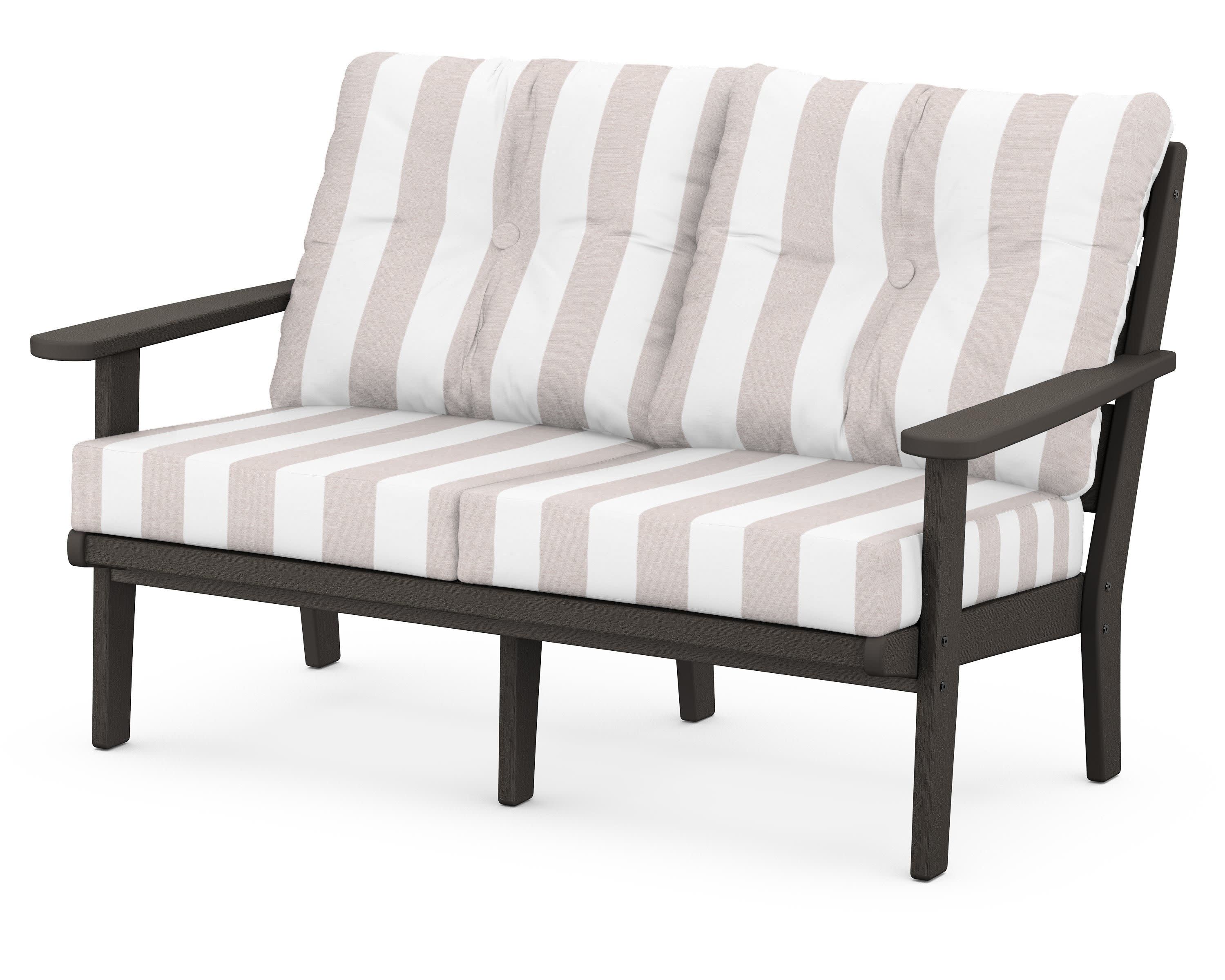Lakeside Deep Seating Loveseat in Vintage Coffee / Cabana Stripe Dune Burlap