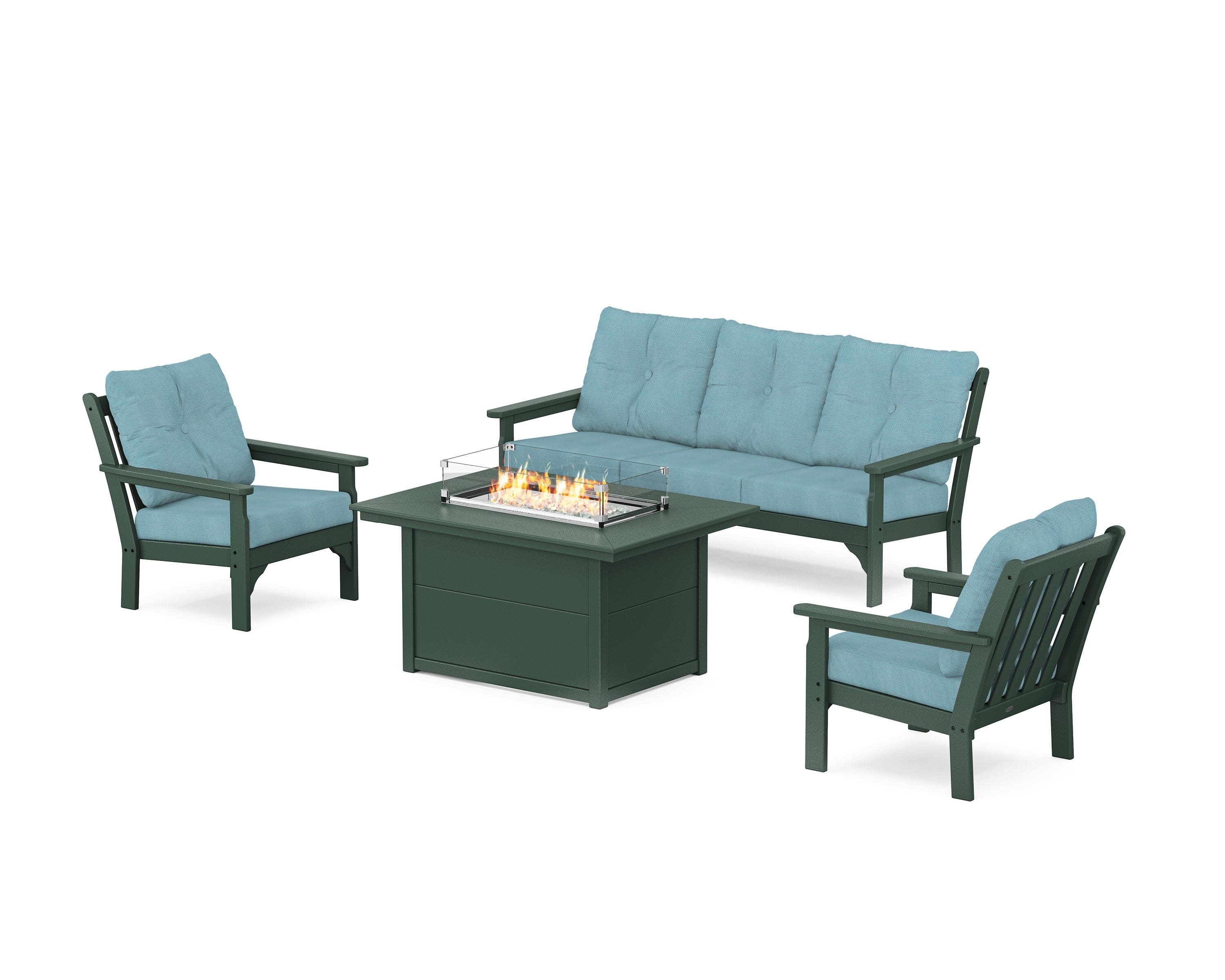 Vineyard Deep Seating Fire Pit Table Set in Green / Lattice Sky Blue