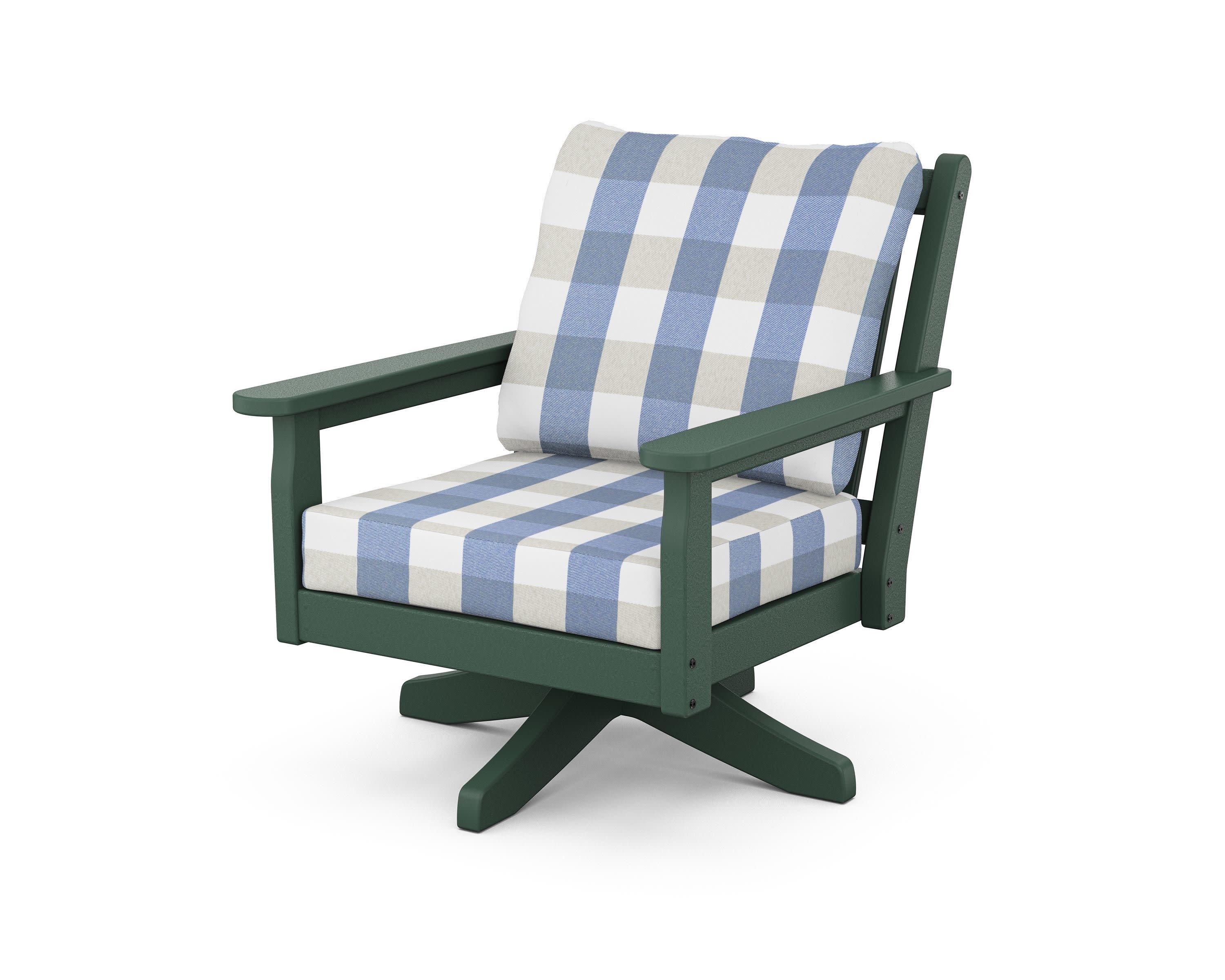Chippendale Deep Seating Swivel Chair in Green / Buffalo Plaid Sky Blue