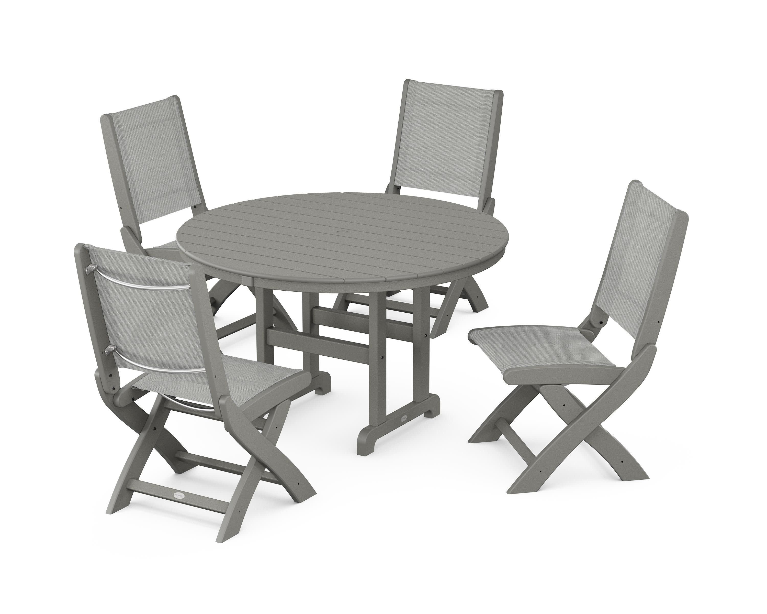 Coastal Folding Side Chair 5-Piece Round Dining Set in Slate Grey / Metallic Sling