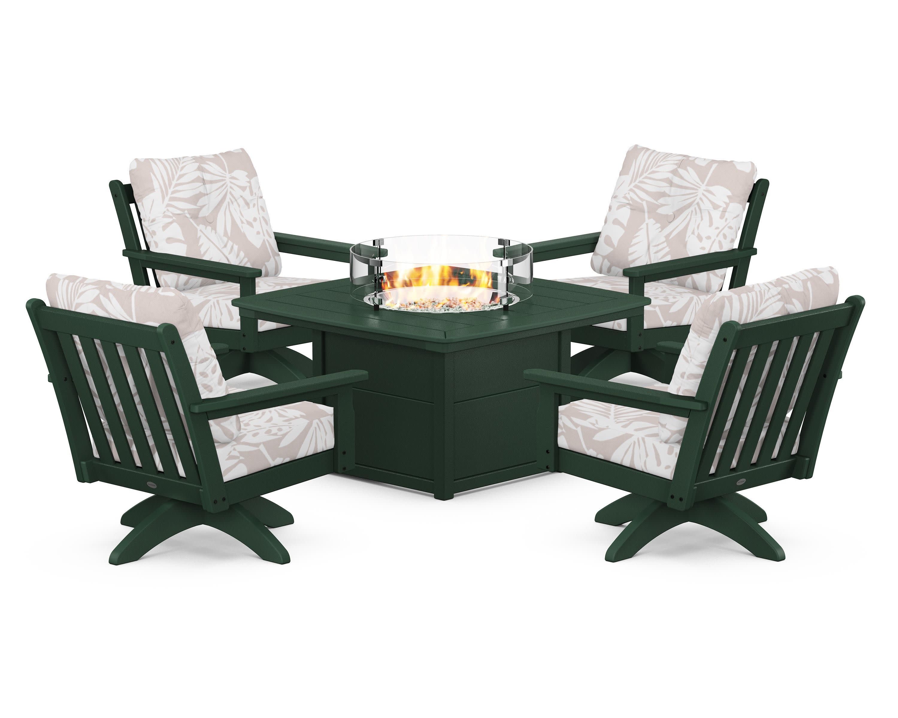 Vineyard 5-Piece Deep Seating Swivel Conversation Set with Fire Pit Table in Green / Leaf Dune Burlap