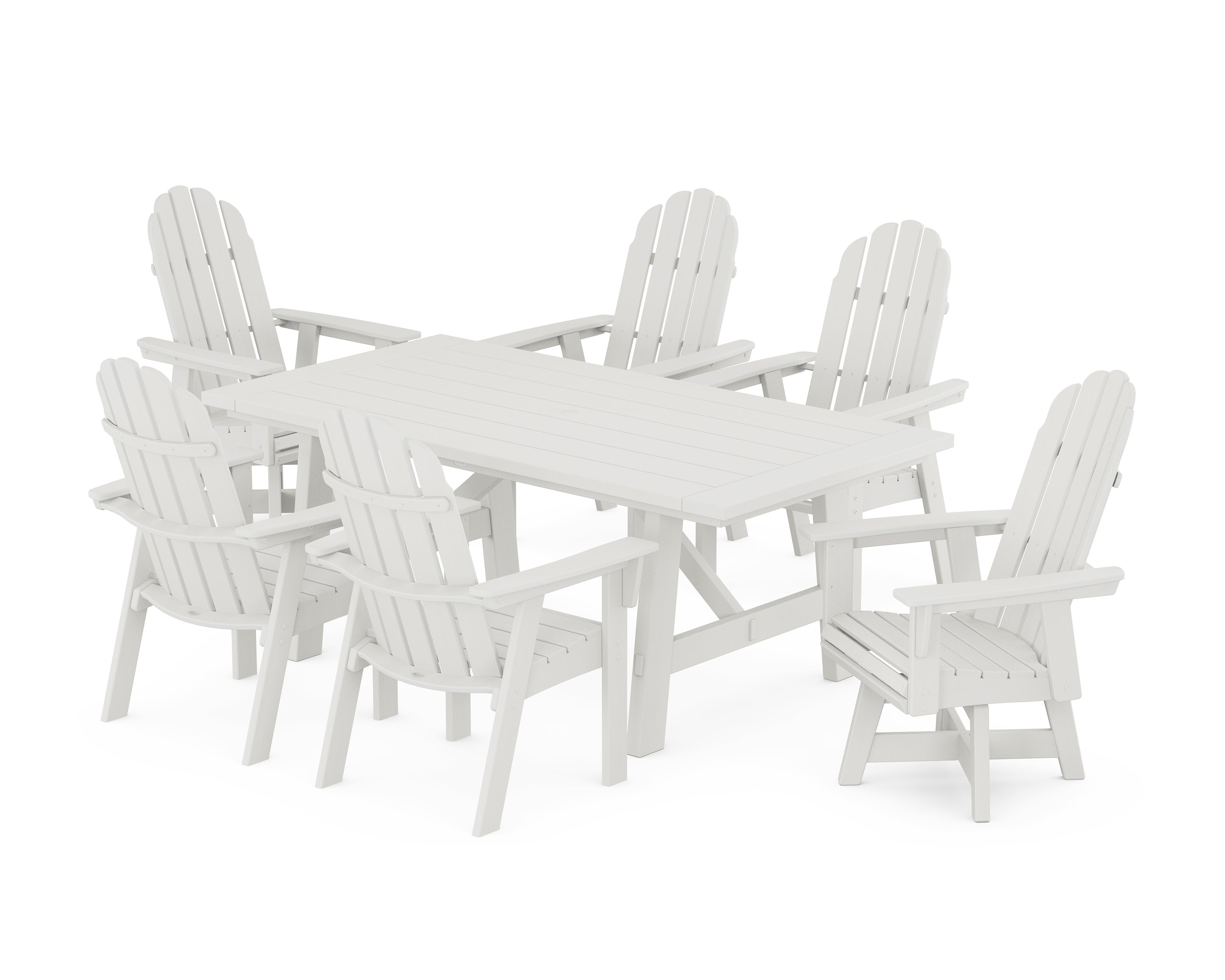 Vineyard Curveback Adirondack Swivel Chair 7-Piece Rustic Farmhouse Dining Set in Vintage White